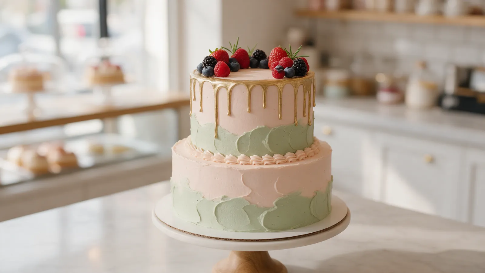A two-tier celebration cake with pastel blush and sage buttercream, a gold drip and fresh berries on top, on a cake stand on a marble counter