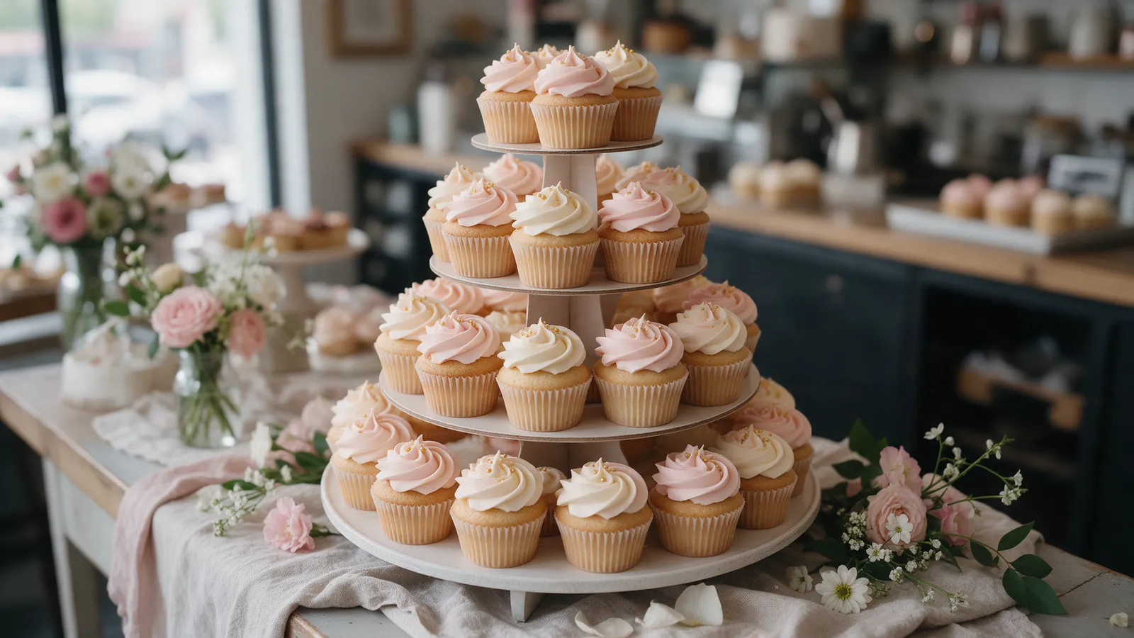 A tower of two dozen cupcakes with swirls of blush pink and ivory buttercream and gold sprinkles on a tiered stand on a table with linen and flowers