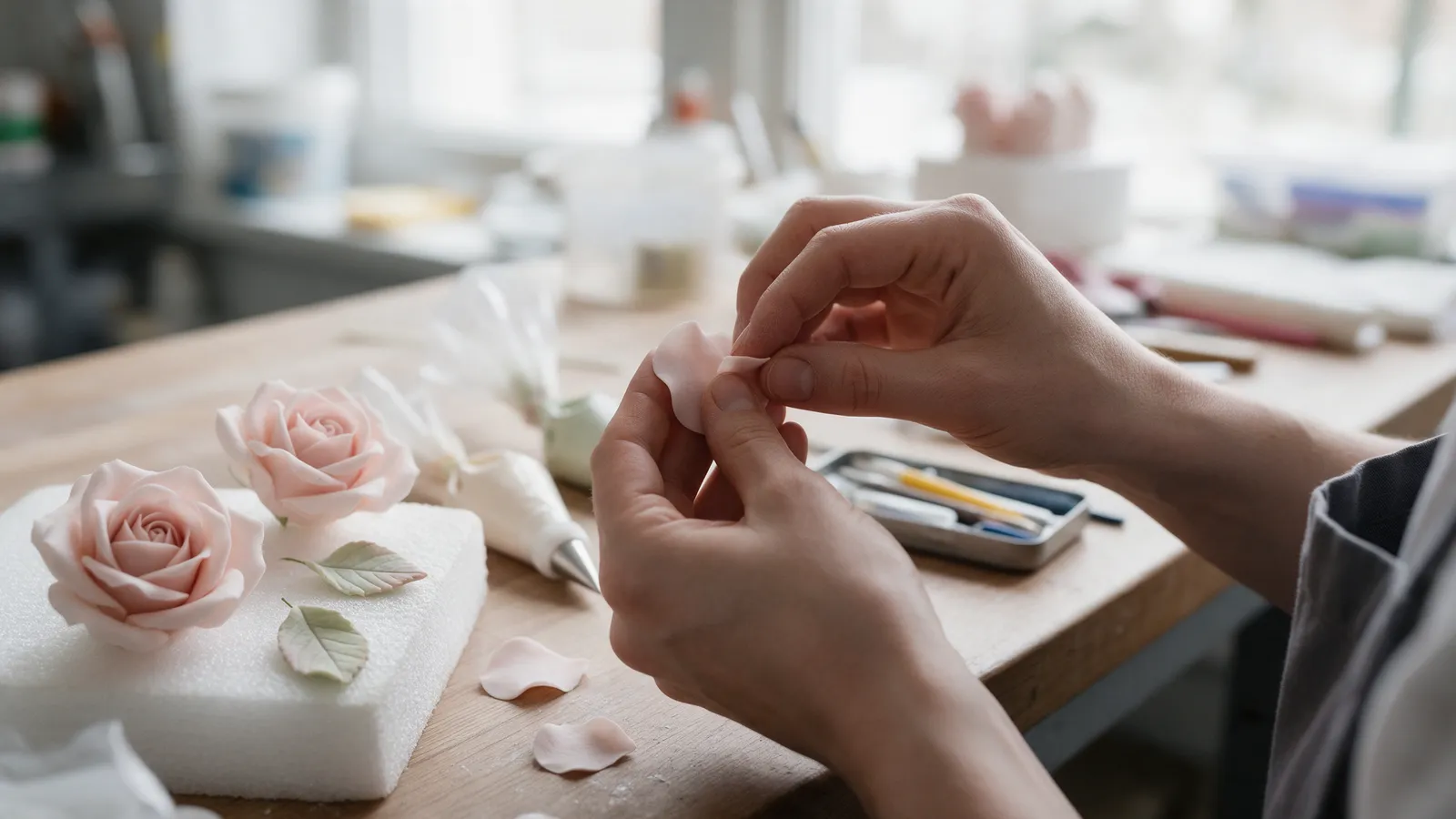 A cake decorator's hands shaping a blush sugar rose petal by petal at a wooden workbench, finished roses drying beside her