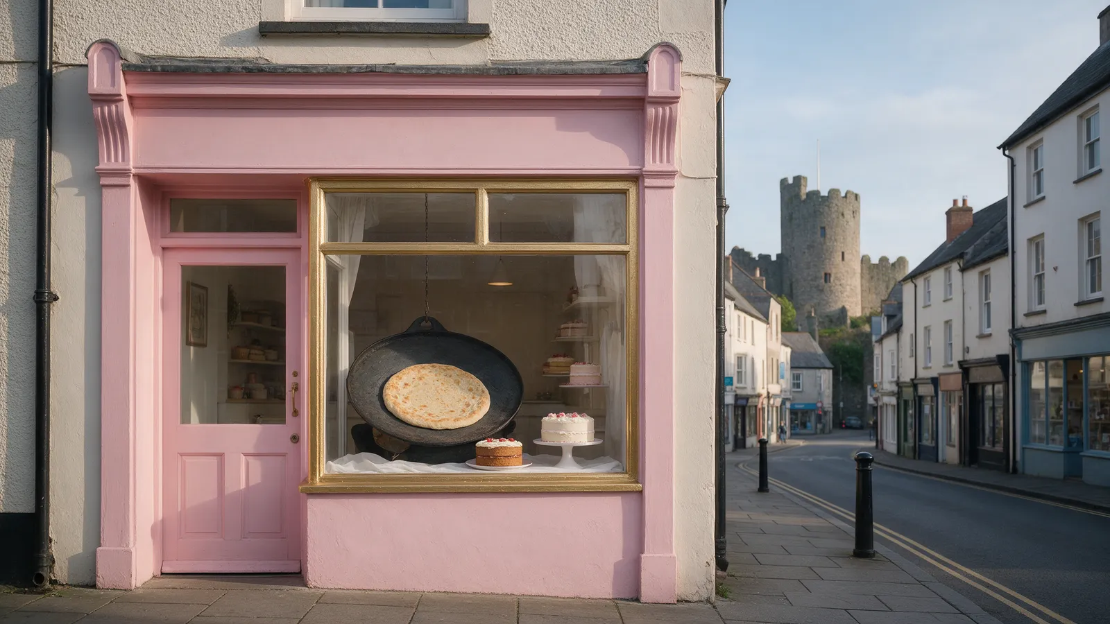 A small cake shop with a blush-pink shopfront and gold window frame on a Welsh town street, a bakestone in the window, a castle tower at the end of the road