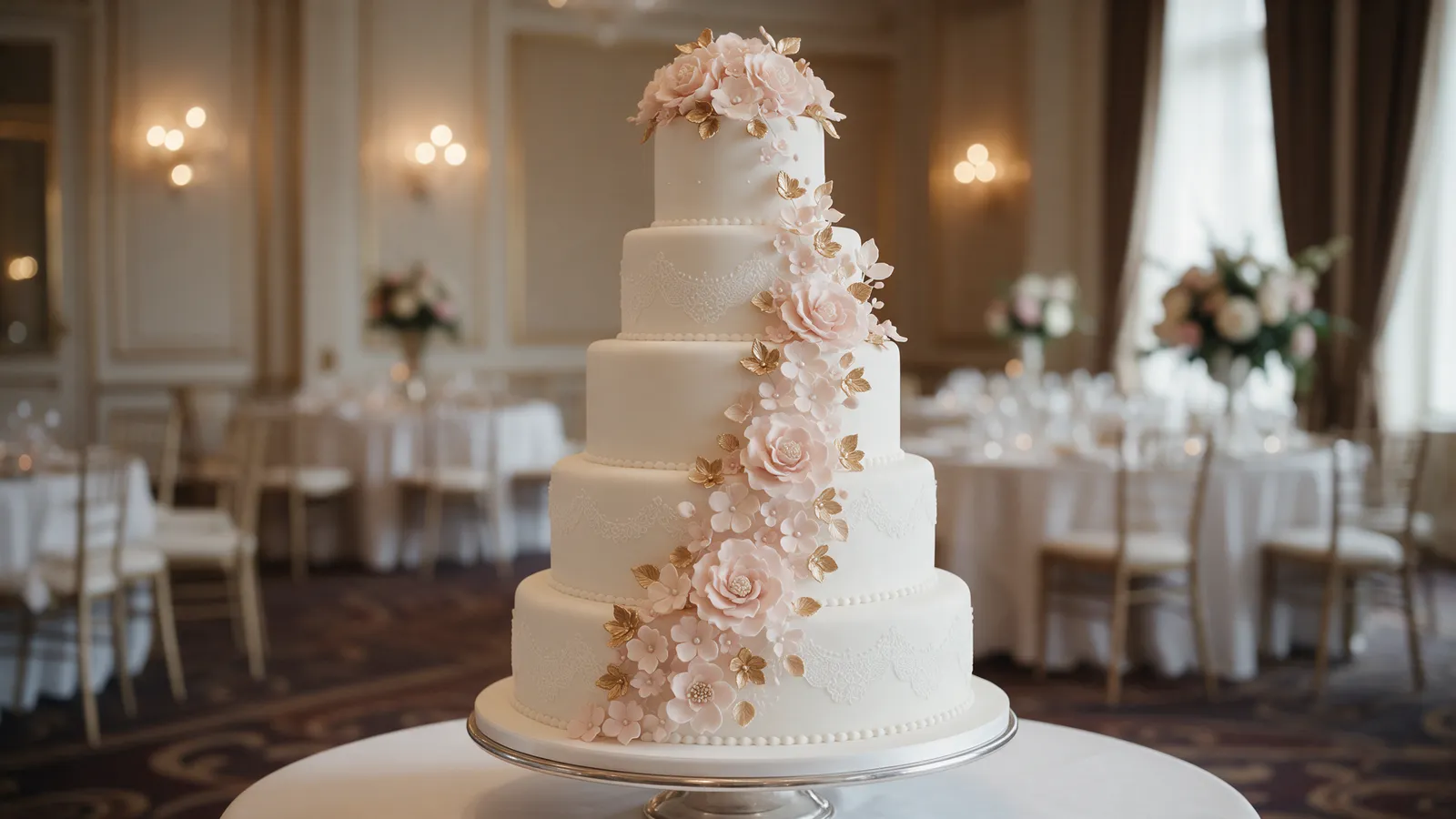 A four-tier white fondant wedding cake with hand-piped lace and a cascade of blush and gold sugar flowers