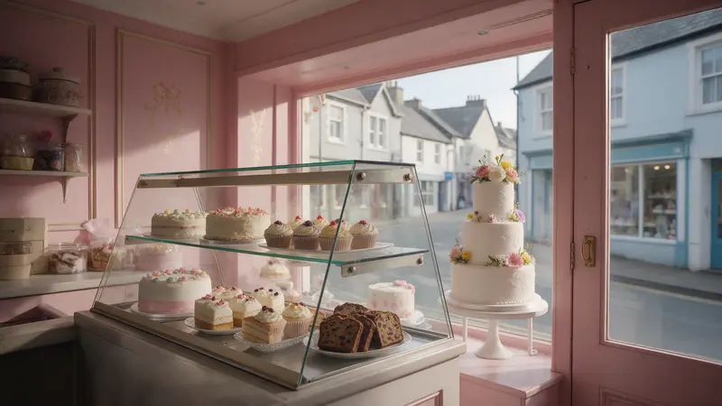 The counter of a cake shop with blush-pink walls: a glass cabinet of celebration cakes, cupcakes and slices, a three-tier white wedding cake with flowers on a stand, morning light