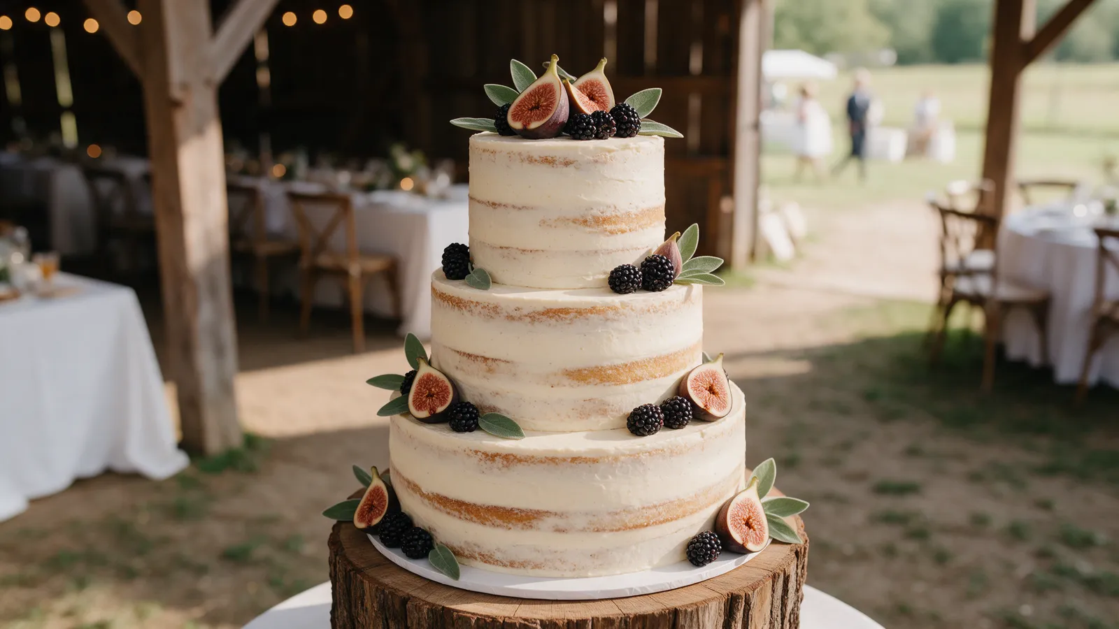 A three-tier naked wedding cake with figs, blackberries and sage on a wooden stump