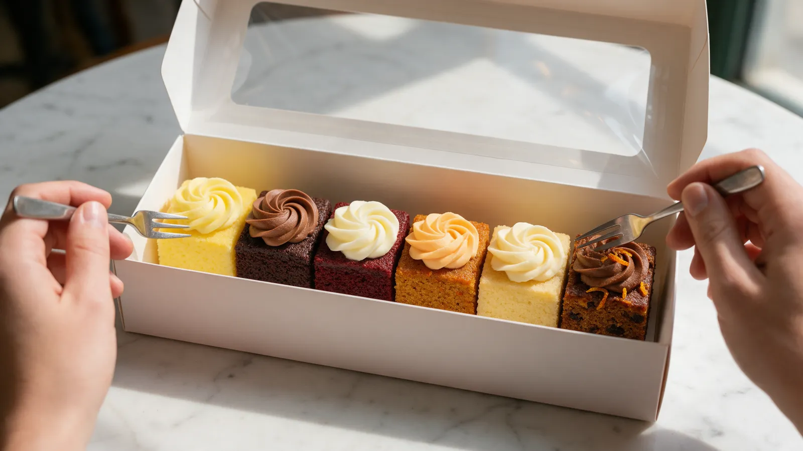 A cake tasting box open on a table with six small squares of sponge in different flavours each with a swirl of buttercream, a couple's hands with forks