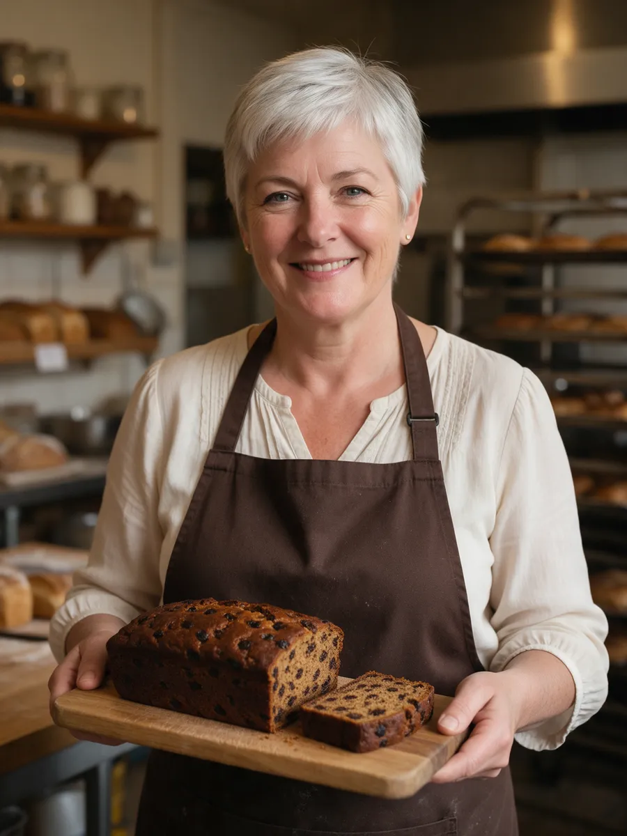 Gwenllian Morgan, a Welsh woman in her late fifties with short silver hair, in a cocoa apron over a cream blouse, holding a bara brith loaf on a board in a warm bakery kitchen