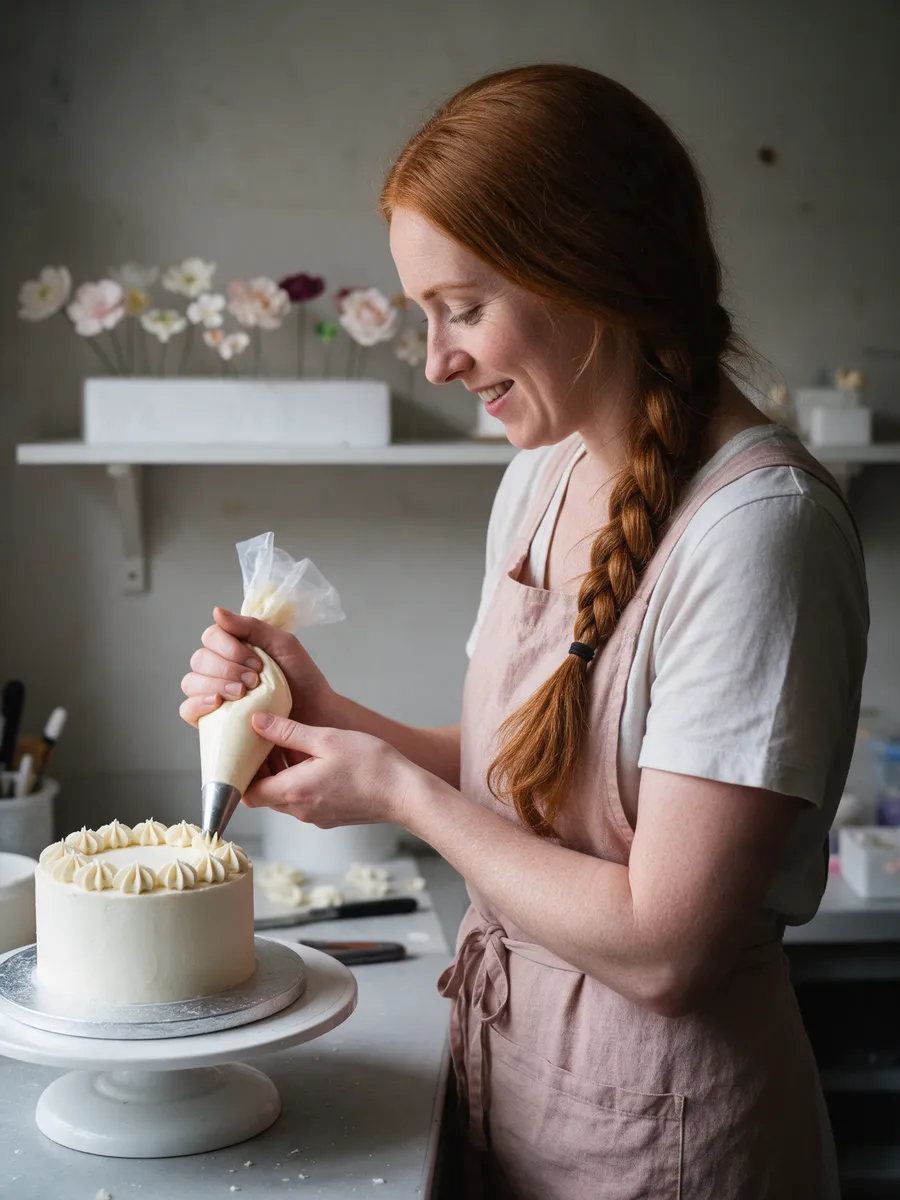 Seren Morgan, a Welsh woman in her late twenties with long auburn hair plaited, in a blush linen apron, piping buttercream onto a tier at a workbench, sugar flowers drying behind her