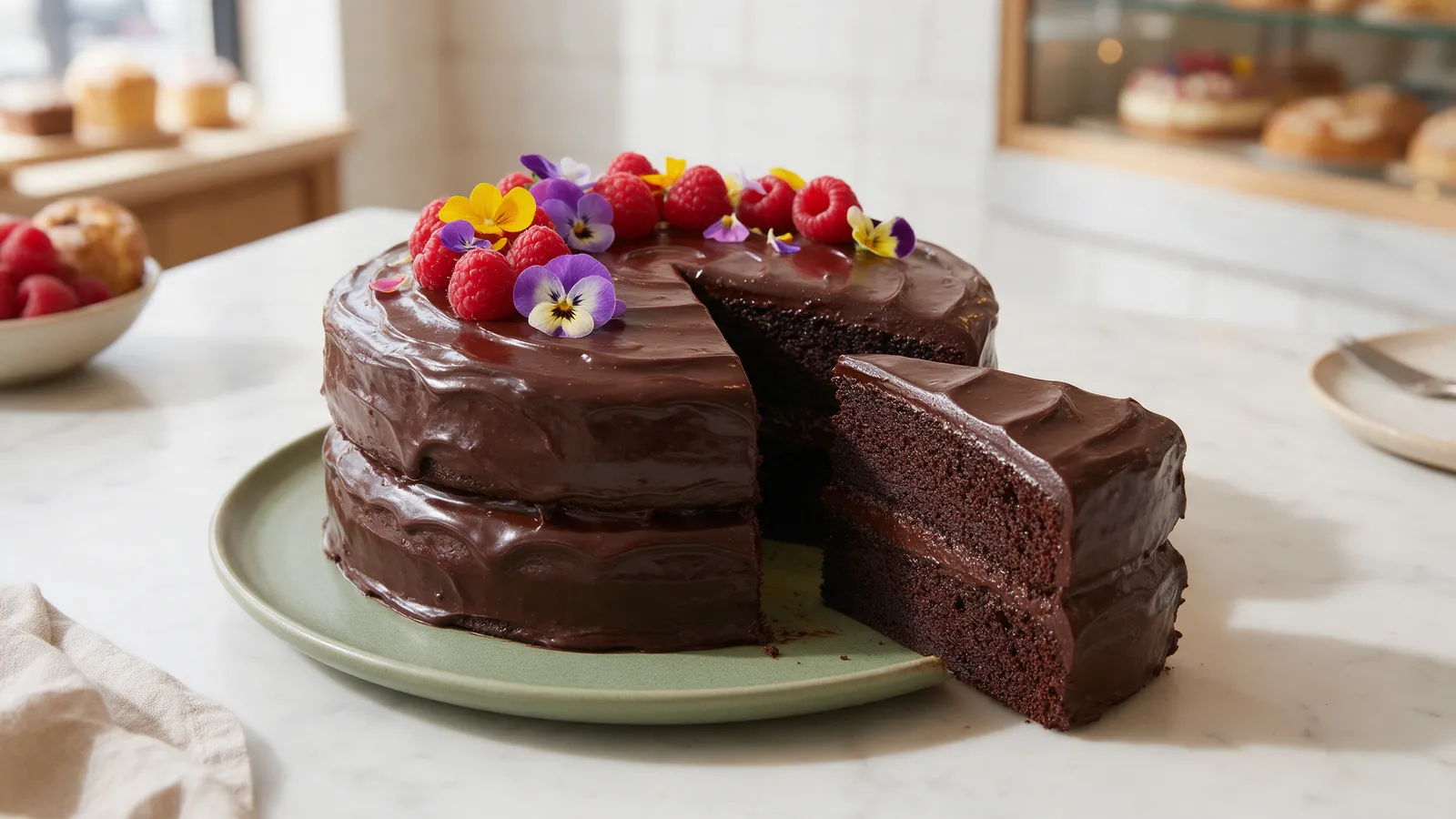 A two-tier vegan chocolate cake with glossy dark ganache, fresh raspberries and edible flowers, a slice cut to show the sponge layers, on a sage-green plate