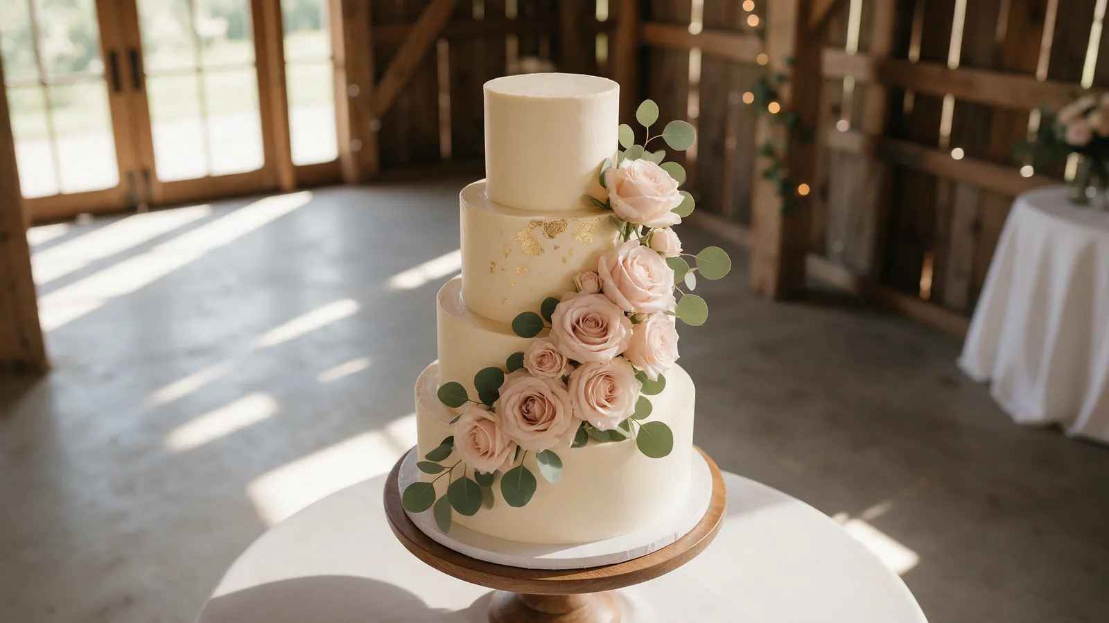 An elegant three-tier wedding cake in smooth ivory buttercream with cascading blush roses and sage eucalyptus, on a stand in a sunlit barn