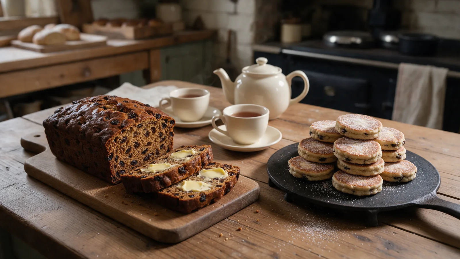 A bara brith loaf sliced and buttered on a wooden board beside a stack of Welsh cakes dusted with sugar on a cast-iron bakestone, a pot of tea