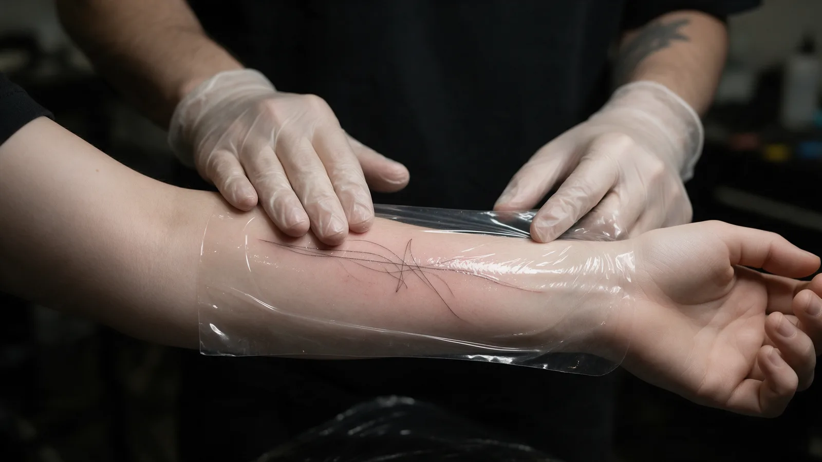 A fresh fine-line tattoo on a forearm under clear second-skin film, the artist smoothing it down with gloved hands