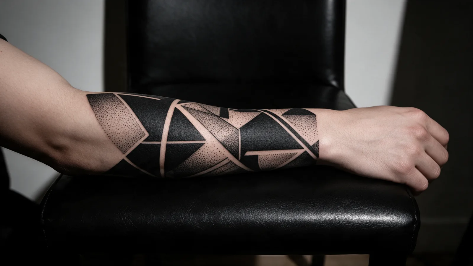A bold blackwork geometric half-sleeve on a forearm with solid black shapes and fine dotwork
