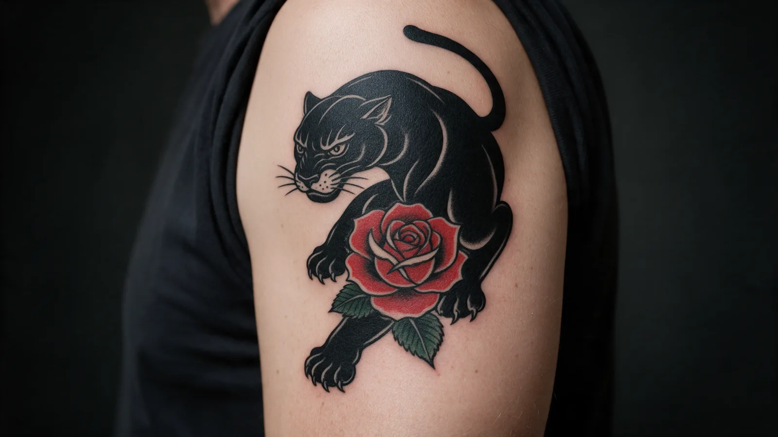 A large blackwork panther and red rose cover-up on an upper arm, fully healed