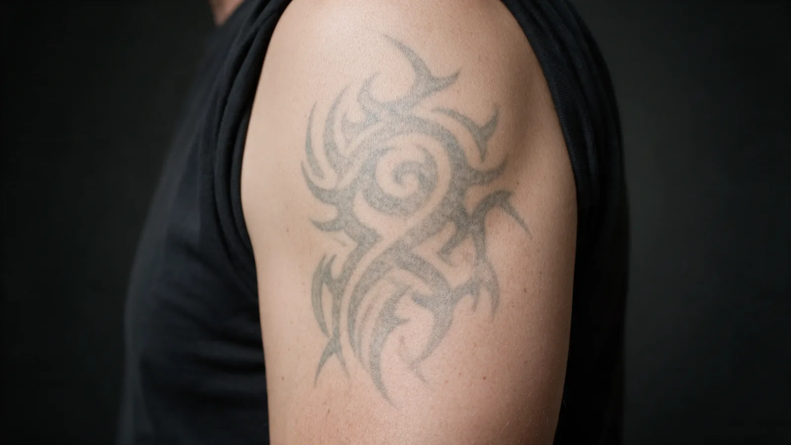 The old faded and blown-out tribal tattoo on an upper arm before the cover-up