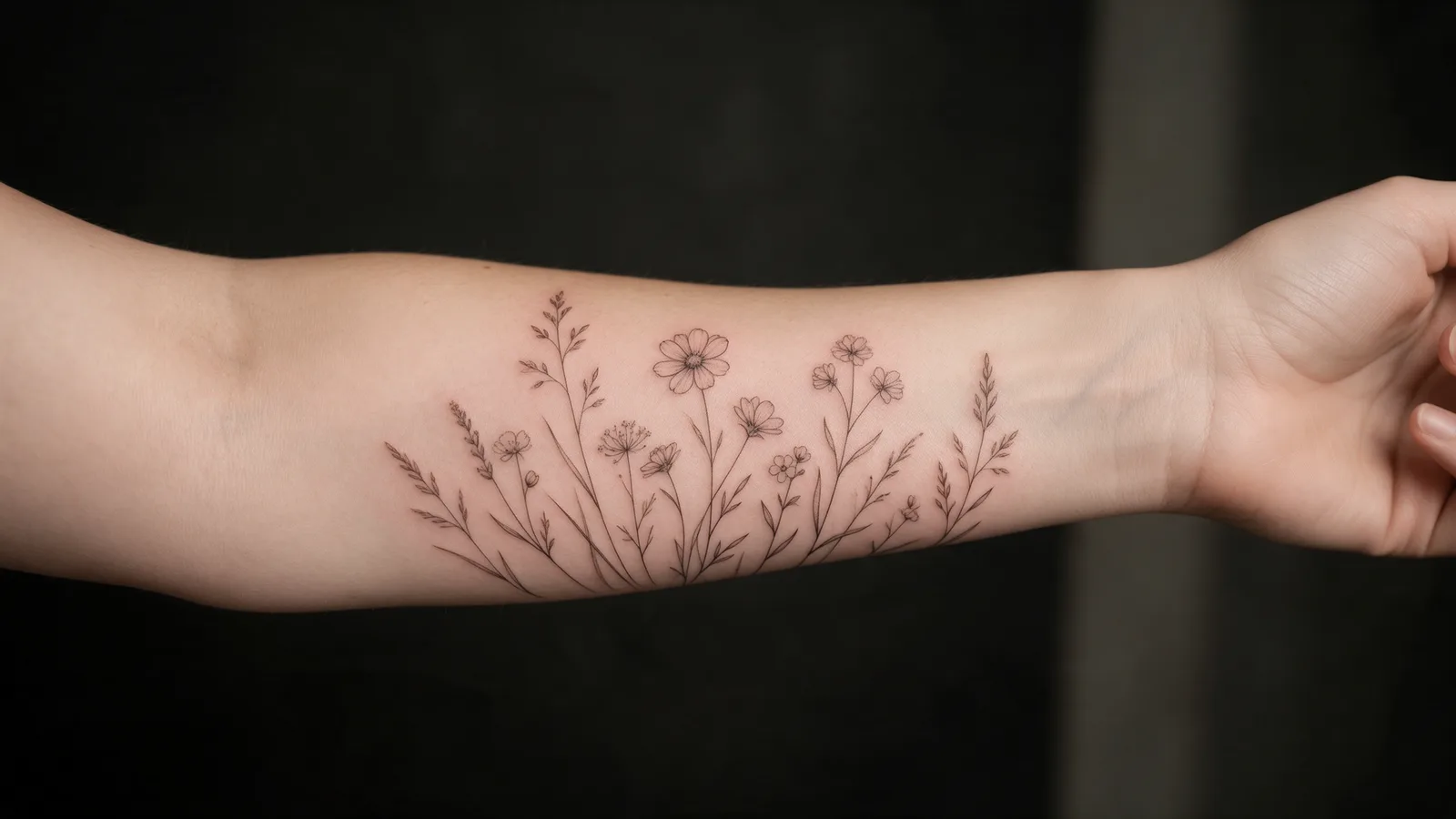 A delicate fine-line botanical tattoo of wildflowers and grasses along an inner forearm