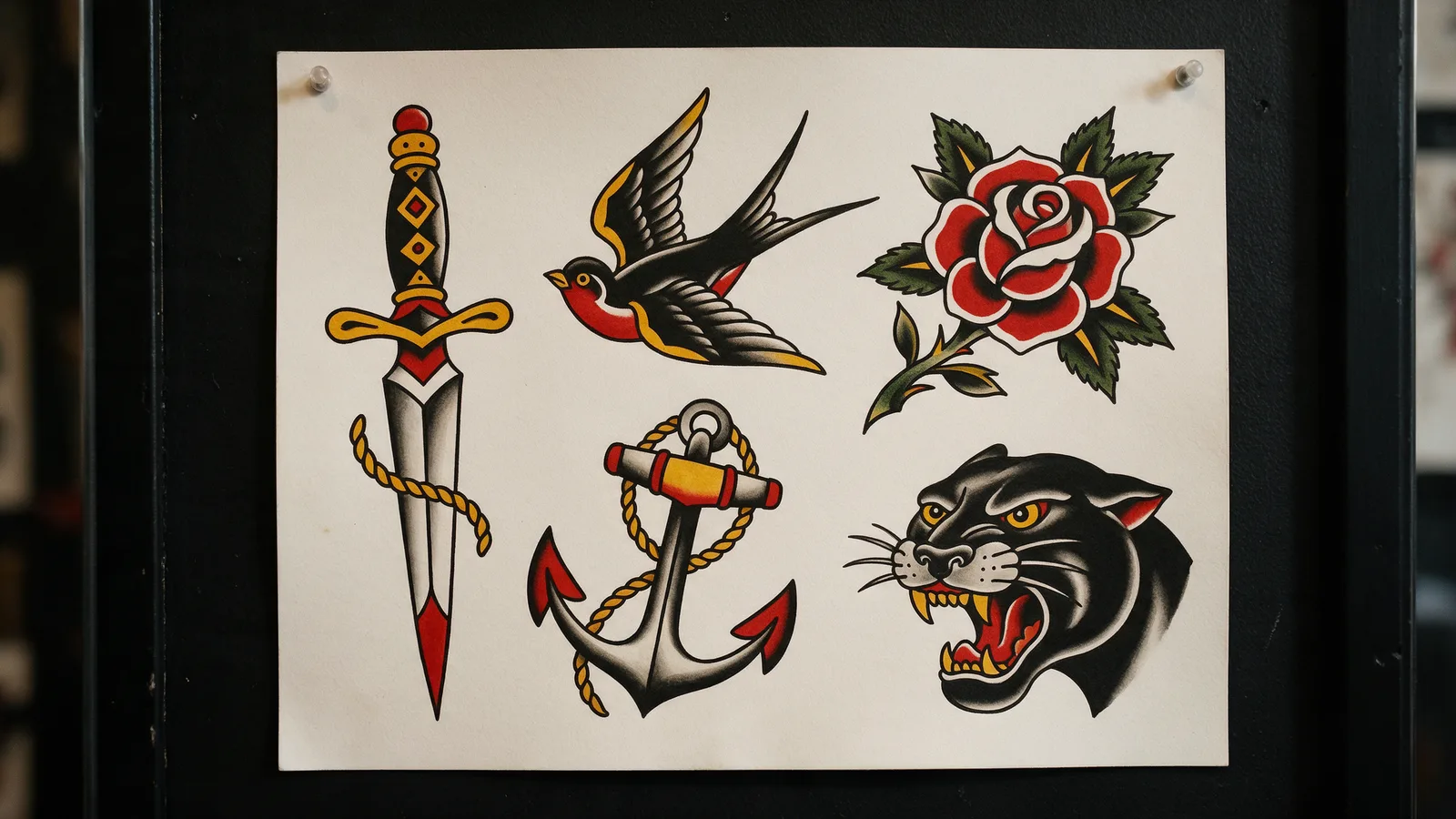A hand-drawn traditional flash sheet: a dagger, swallow, rose, anchor and panther head in bold black outline with red and yellow