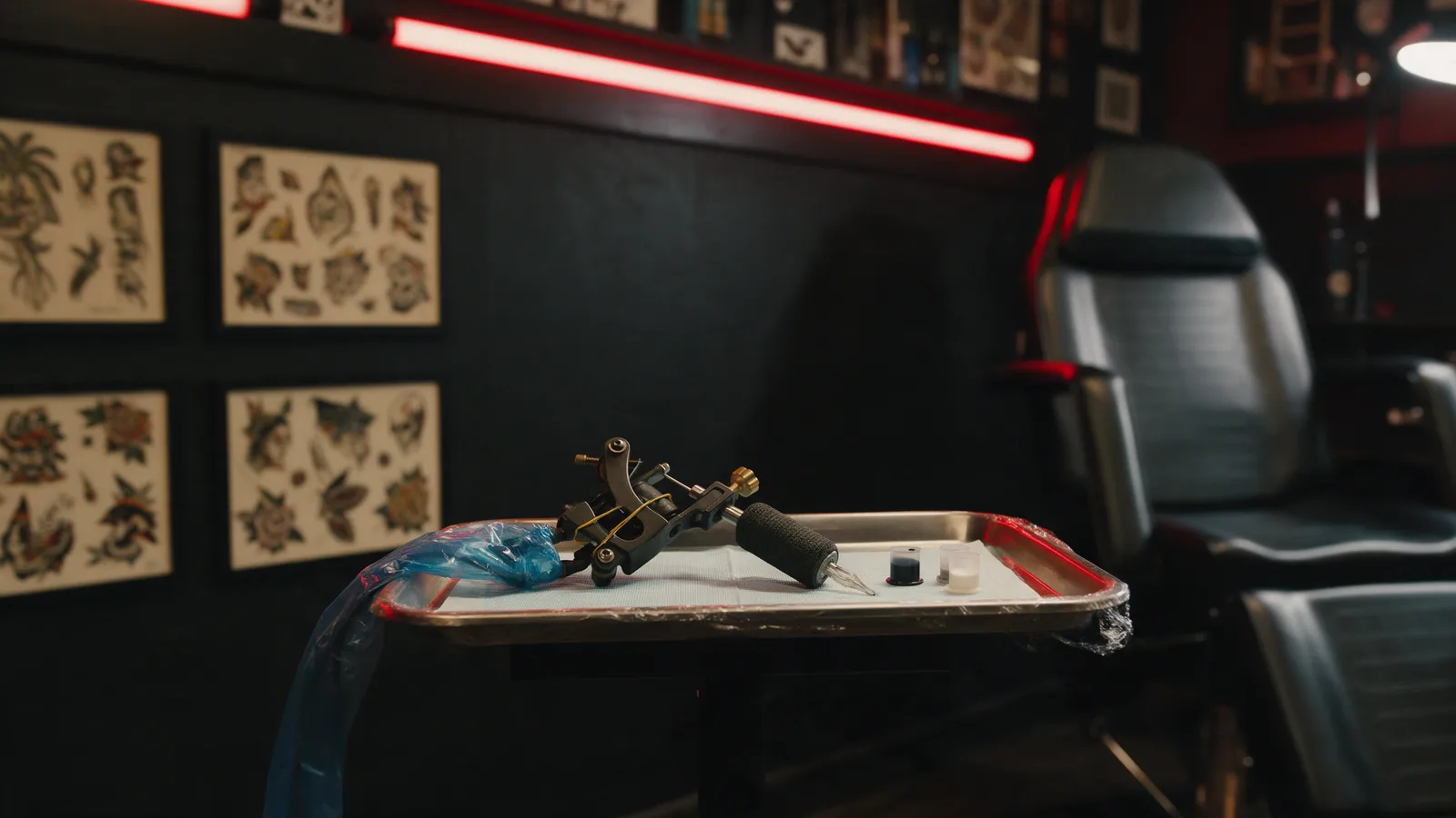 A tattoo artist's station in a dark studio: black walls, framed bone-white flash sheets, a red neon glow, a wrapped machine on a steel tray
