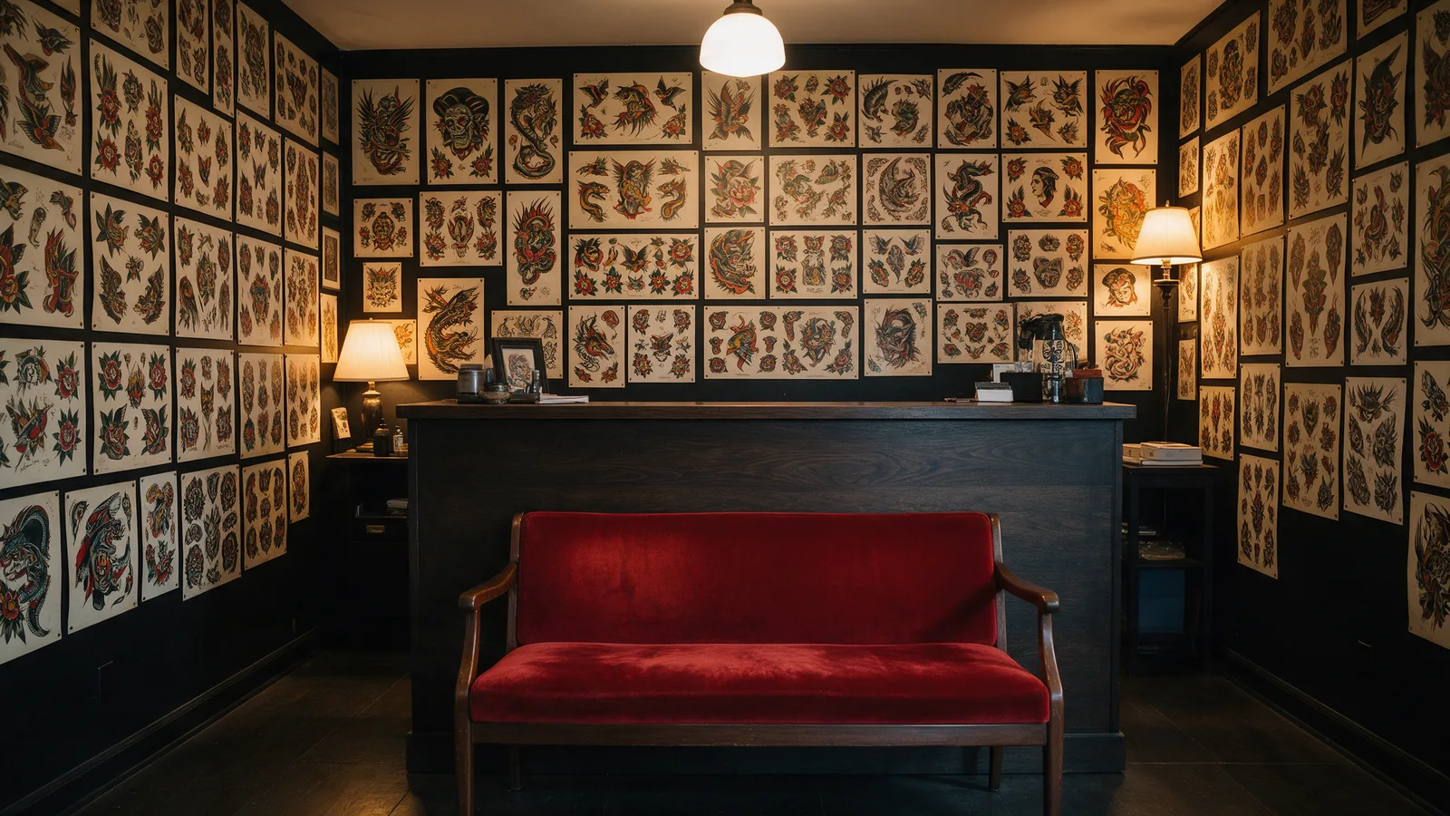 The studio reception: black walls covered in hand-drawn flash sheets, a dark wood counter and a red velvet bench