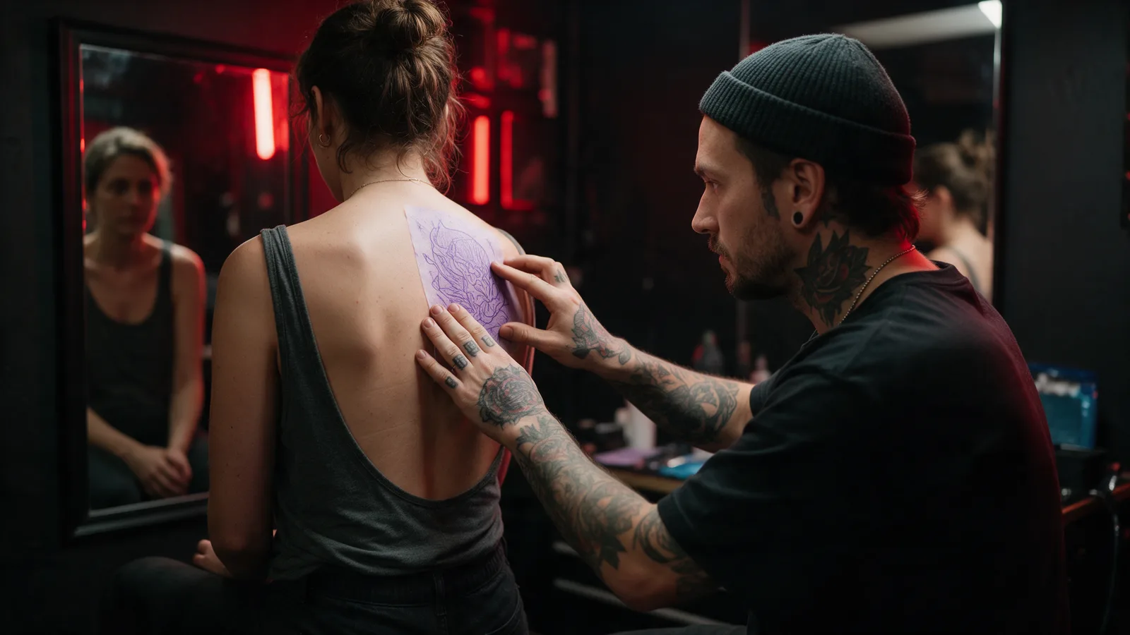 A stencil transfer being positioned on a client's shoulder blade and checked in a mirror