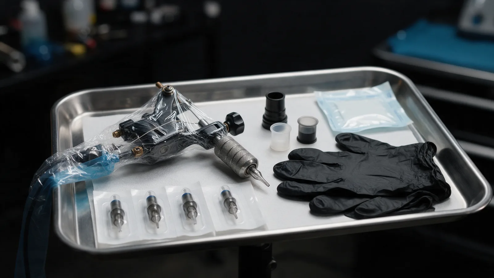 A sterile tattoo set-up on a steel tray: wrapped machine, sealed needle cartridges, ink caps and black gloves