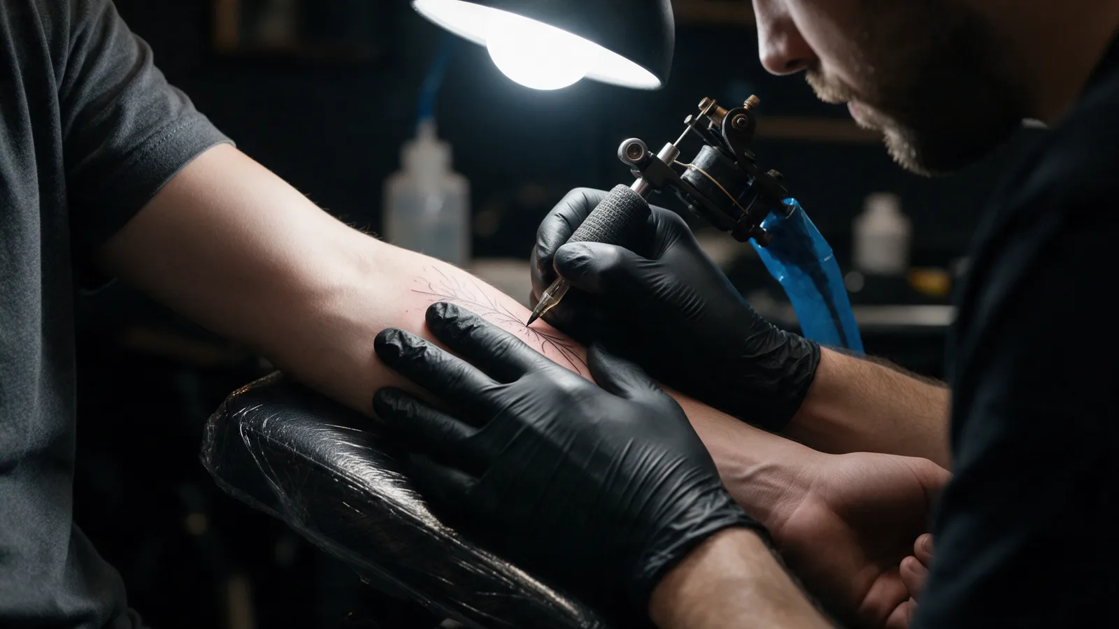 A tattoo artist in black gloves tattooing fine black line work on a client's forearm under a work lamp
