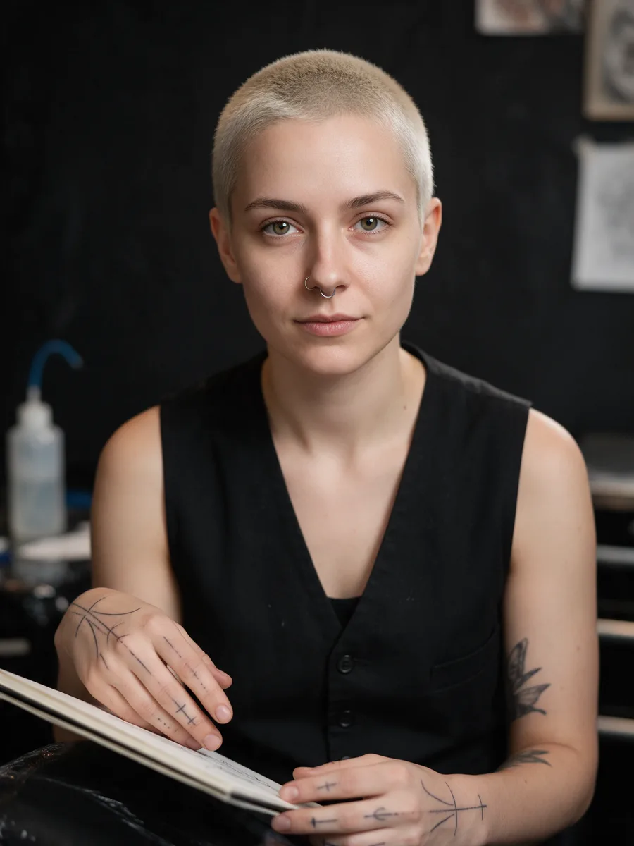 Ash Pryce, a young tattoo artist with a bleached buzz cut and septum ring, holding a sketchbook