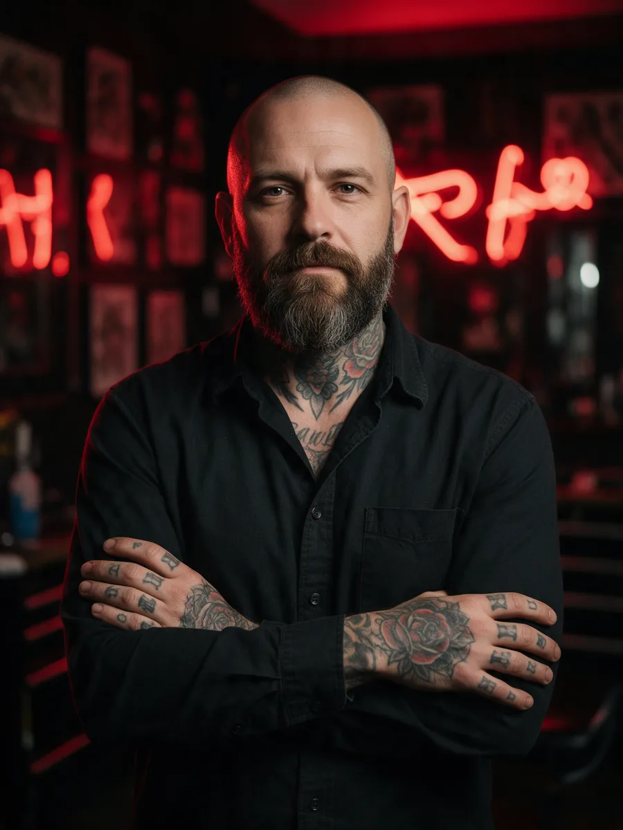 Dai Rees, a bearded tattoo artist with a shaved head and tattooed neck and hands, arms folded in a dark studio