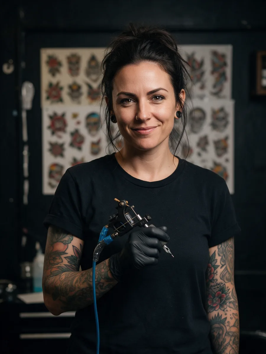 Mari Jenkins, a tattoo artist with heavily tattooed arms in a black t-shirt, holding a tattoo machine in front of a wall of flash