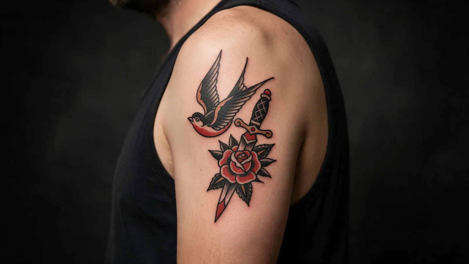 A healed American traditional tattoo on an upper arm: a swallow and a dagger with a red rose in bold black outline