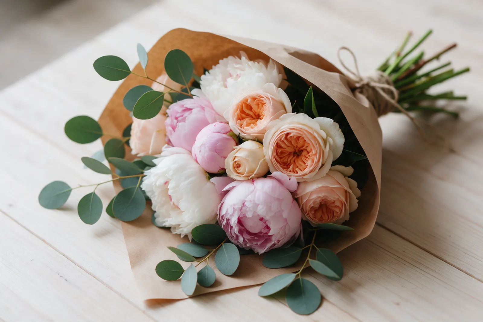 A hand-tied bouquet of peonies, garden roses and eucalyptus wrapped in brown paper, lying on a pale wooden table