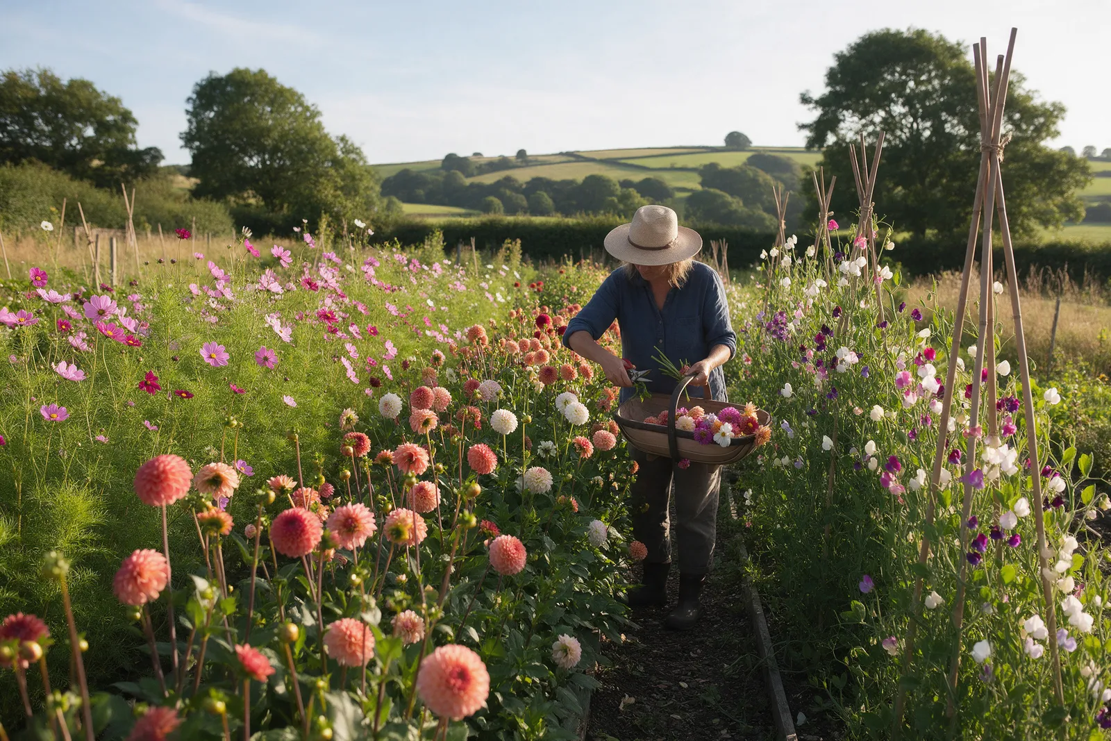 A cutting garden in late summer with rows of dahlias, cosmos and sweet peas, a woman in a sun hat cutting stems into a trug, Welsh countryside behind