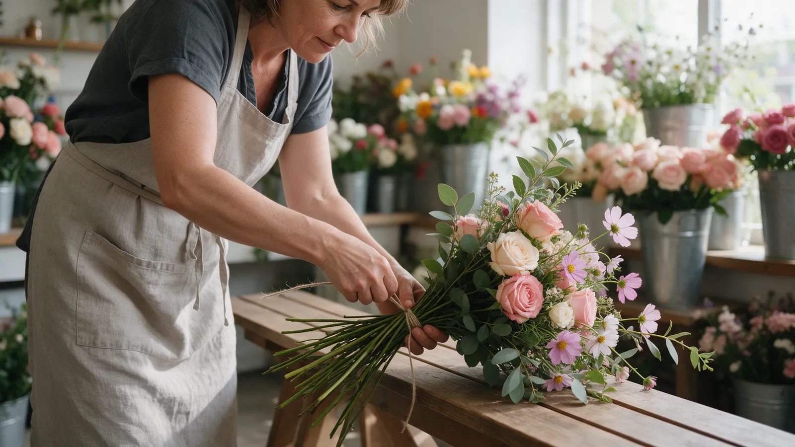 A florist in her forties in a linen apron hand-tying a loose garden bouquet of roses, cosmos and foliage at a wooden bench in a bright flower shop full of buckets of blooms