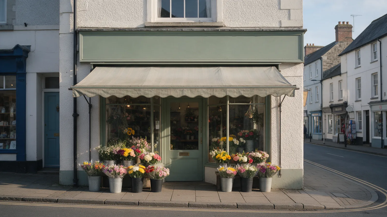 A small florist's shop front on a Georgian market-town high street, a sage green fascia, buckets of flowers on the pavement under an awning
