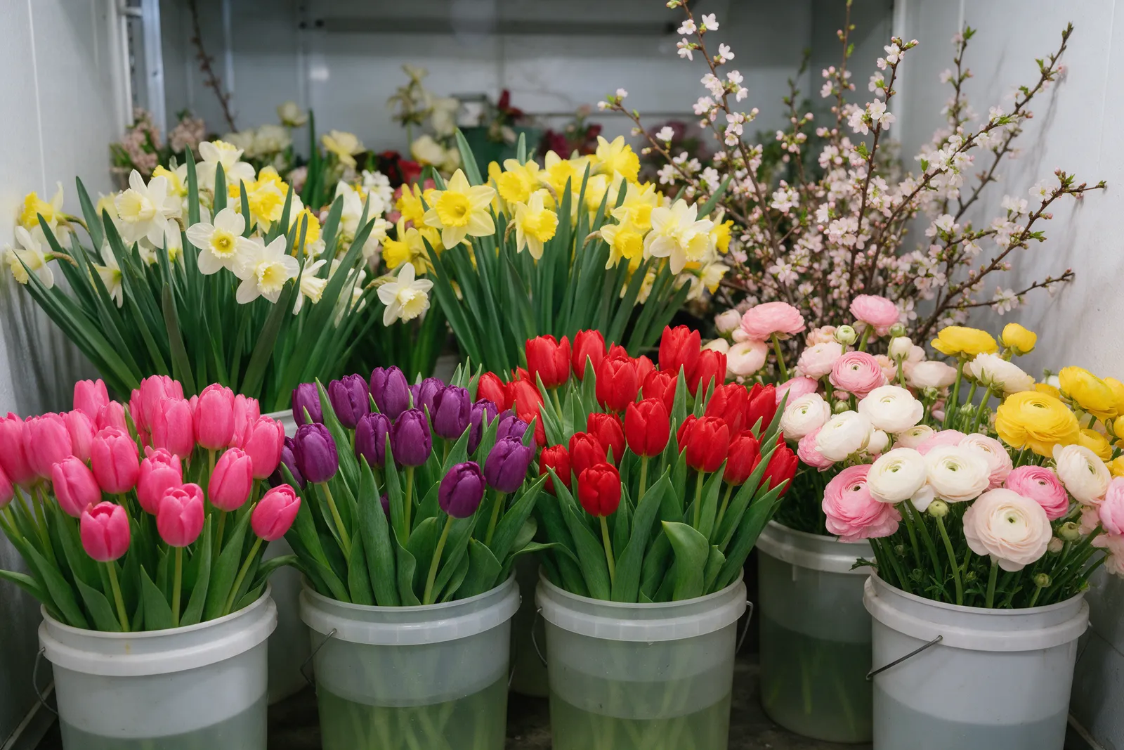 Buckets of spring flowers in a florist's cold room: tulips, daffodils, ranunculus and blossom branches
