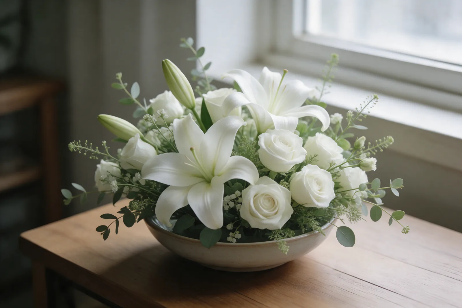 A gentle sympathy arrangement of white lilies, roses and soft greenery in a low ceramic bowl on a wooden table by a window