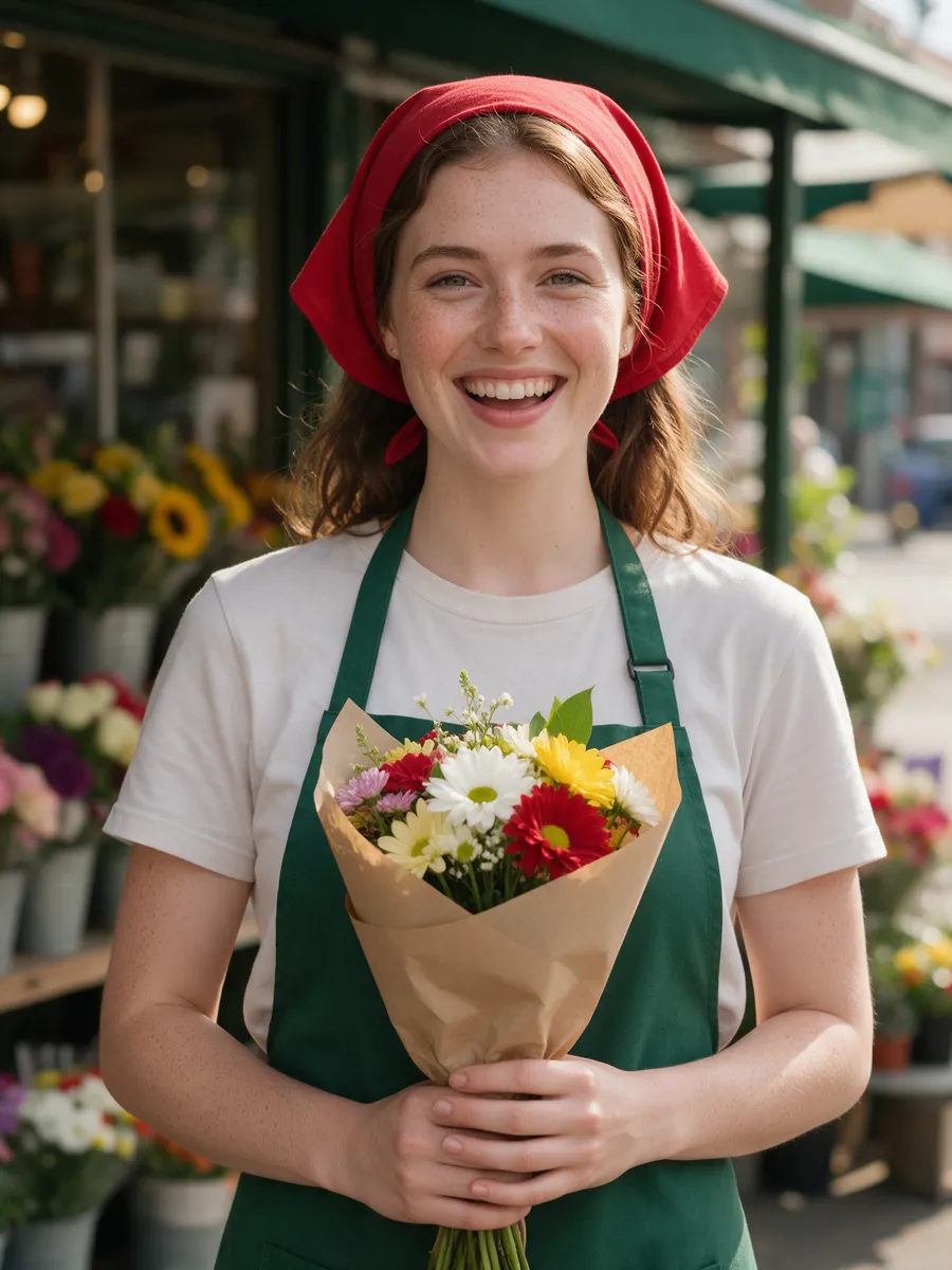 Lily Hughes, a young woman in her mid-twenties with a red headscarf and freckles in a green apron, holding a wrapped bouquet outside a flower shop