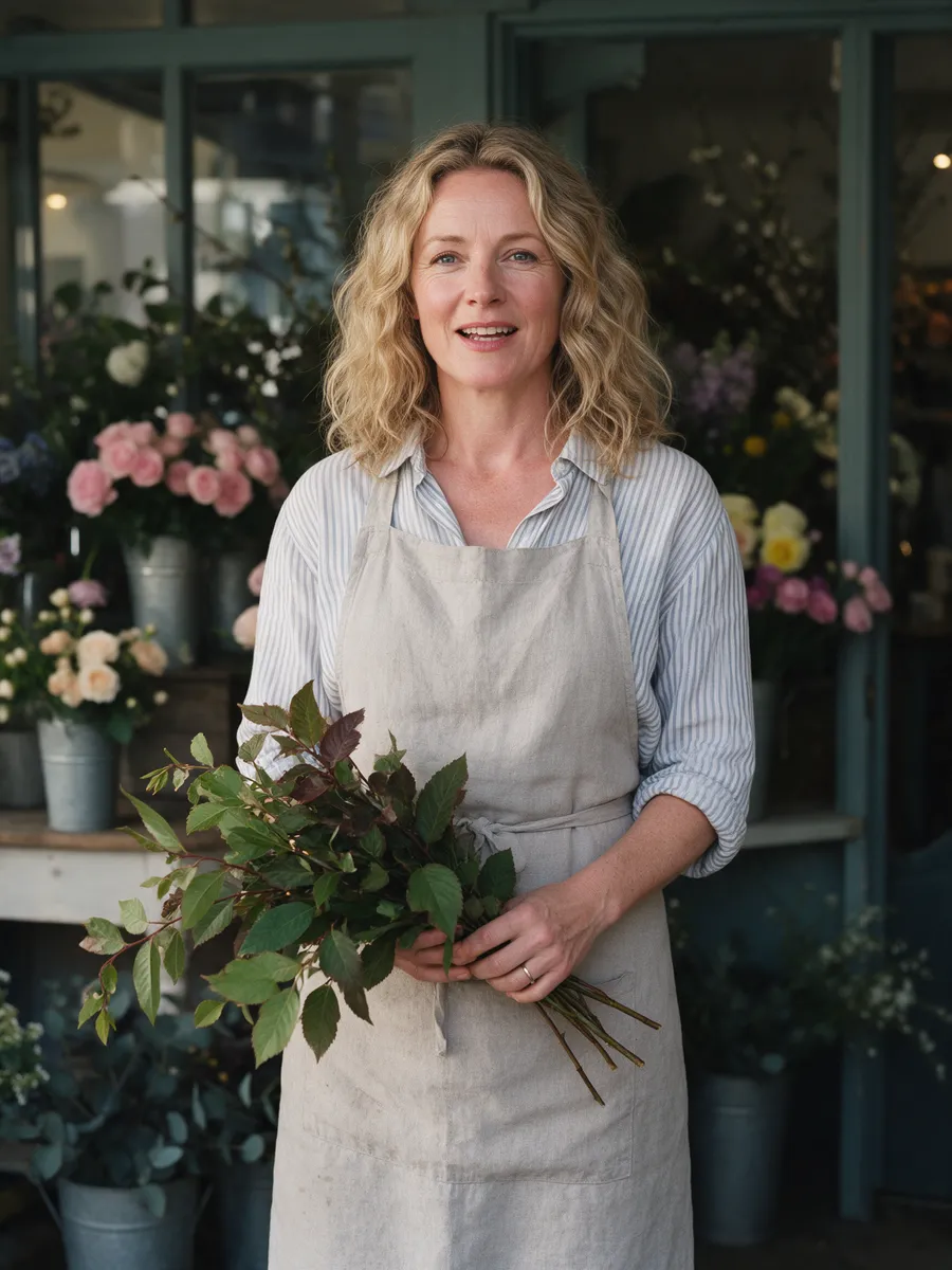Megan Price, a Welsh woman in her mid-forties with wavy fair hair in a linen apron over a striped shirt, standing in a flower shop holding a bunch of foliage