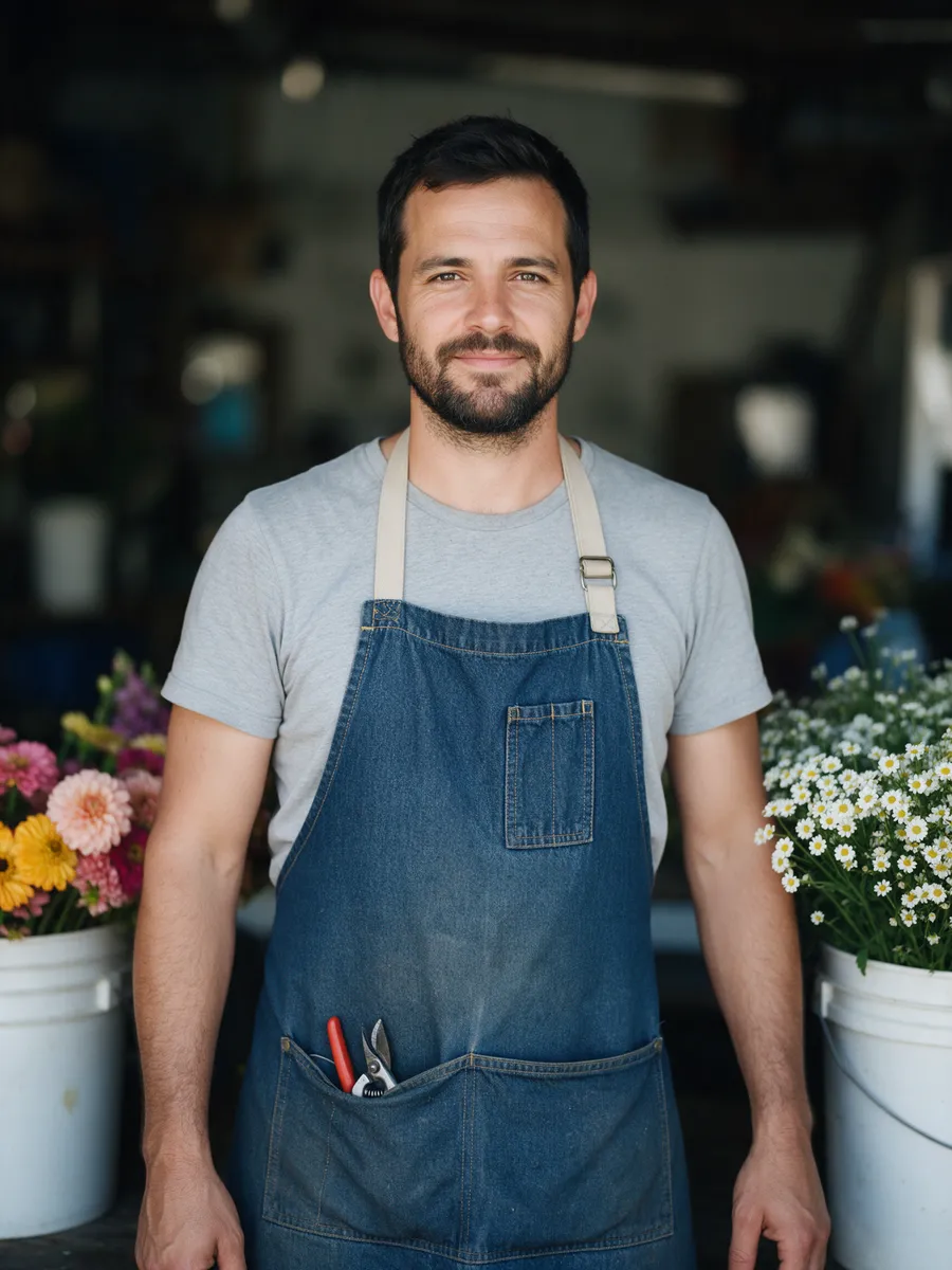 Owen Lewis, a man in his mid-thirties with short dark hair and a beard in a denim apron, standing by buckets of flowers with secateurs in his pocket