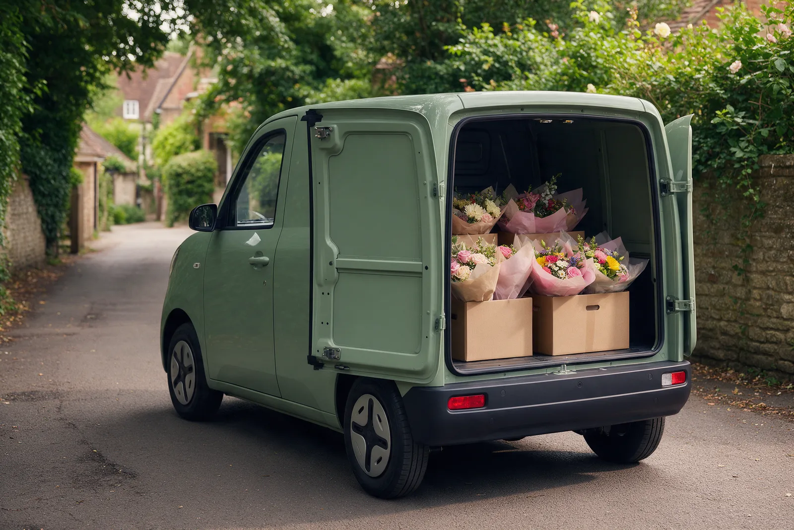 A small sage-green electric delivery van with its back door open showing boxes of wrapped bouquets, parked on a leafy village lane