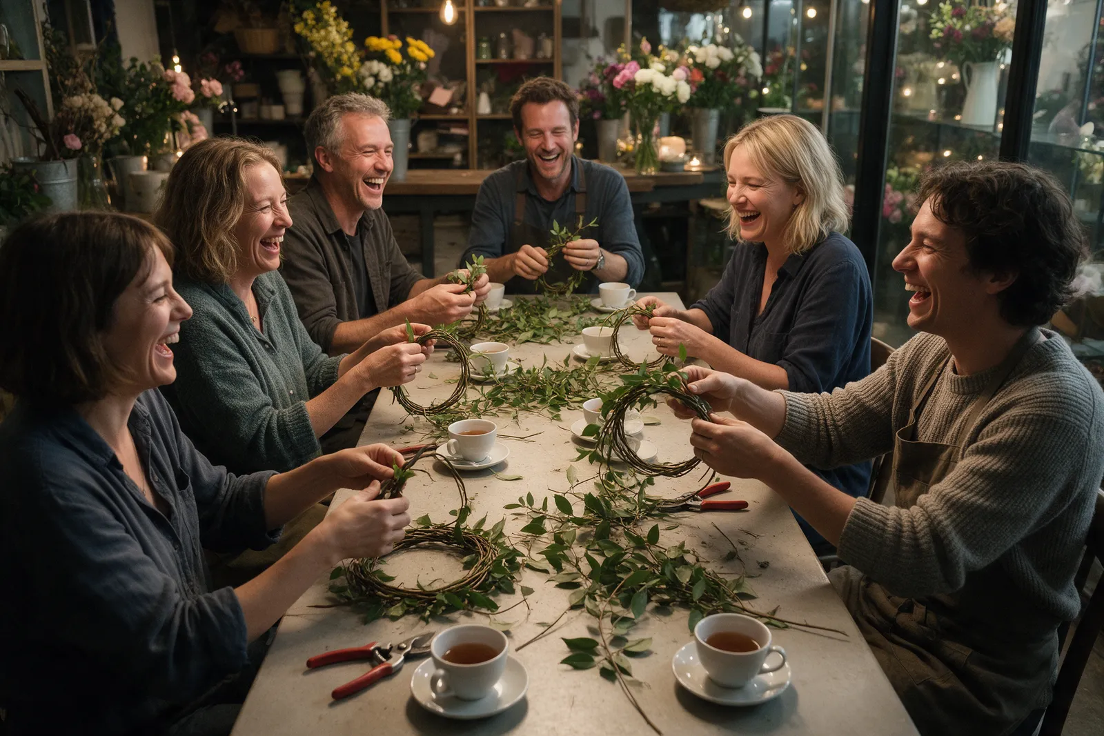 A wreath-making workshop: six people at a long table in a flower shop winding foliage onto rings, with cups of tea and secateurs