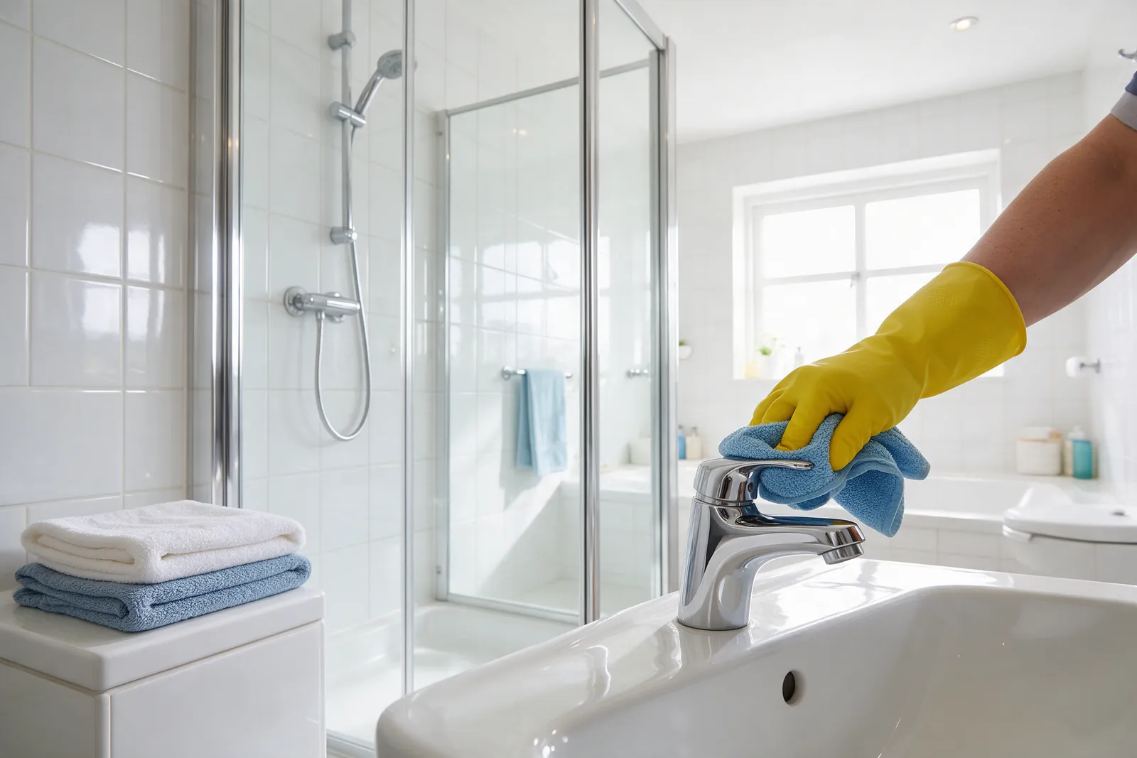 A gleaming family bathroom after cleaning: white tiles, a chrome shower screen with no water marks, folded towels and a gloved hand polishing the tap