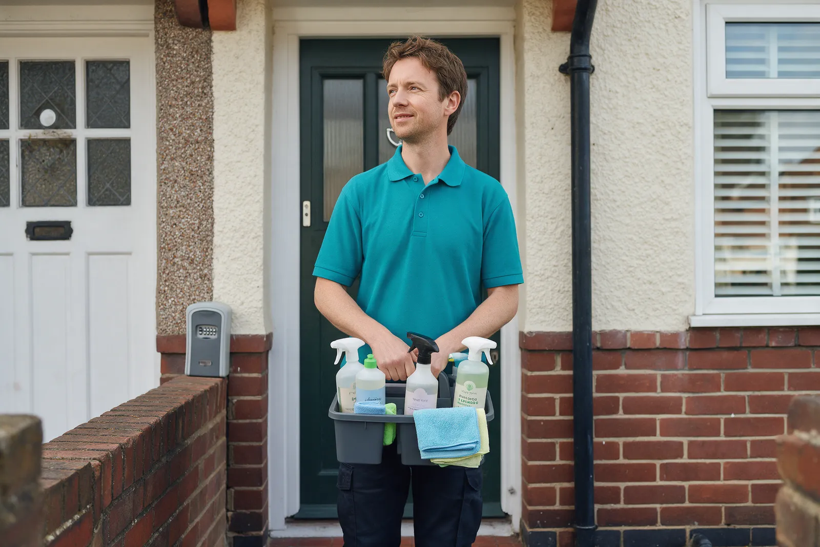 A cleaner in a teal polo shirt on the front doorstep of a 1930s semi holding a caddy of plant-based cleaning products in refillable bottles and folded microfibre cloths