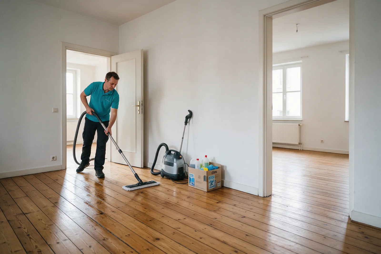 An empty, freshly cleaned rental flat with bare wooden floors and white walls, a cleaner mopping towards the door with a steam cleaner and supplies by the wall