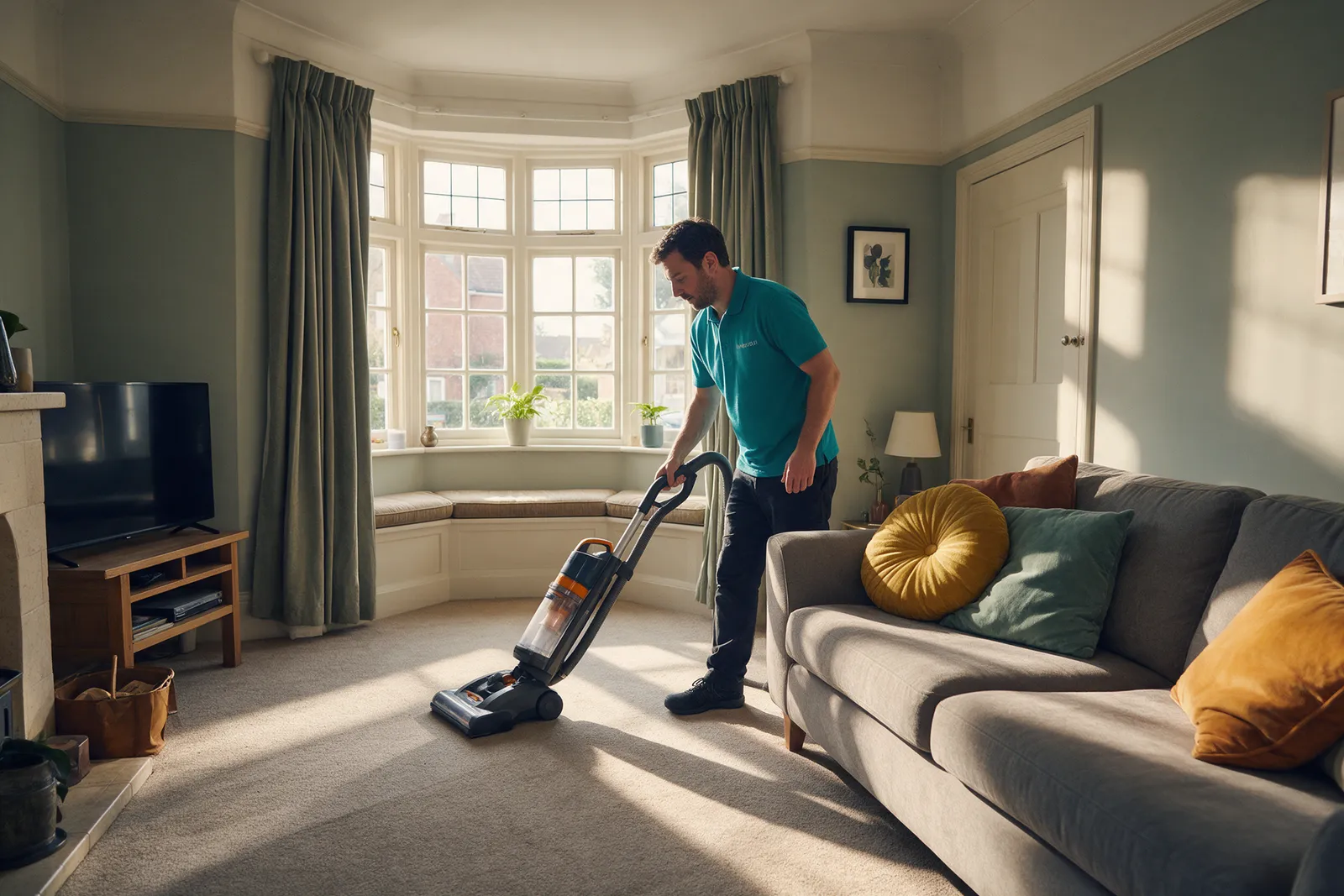A cleaner in a teal polo shirt vacuuming the carpet of a 1930s living room with a bay window and plumped cushions on a grey sofa