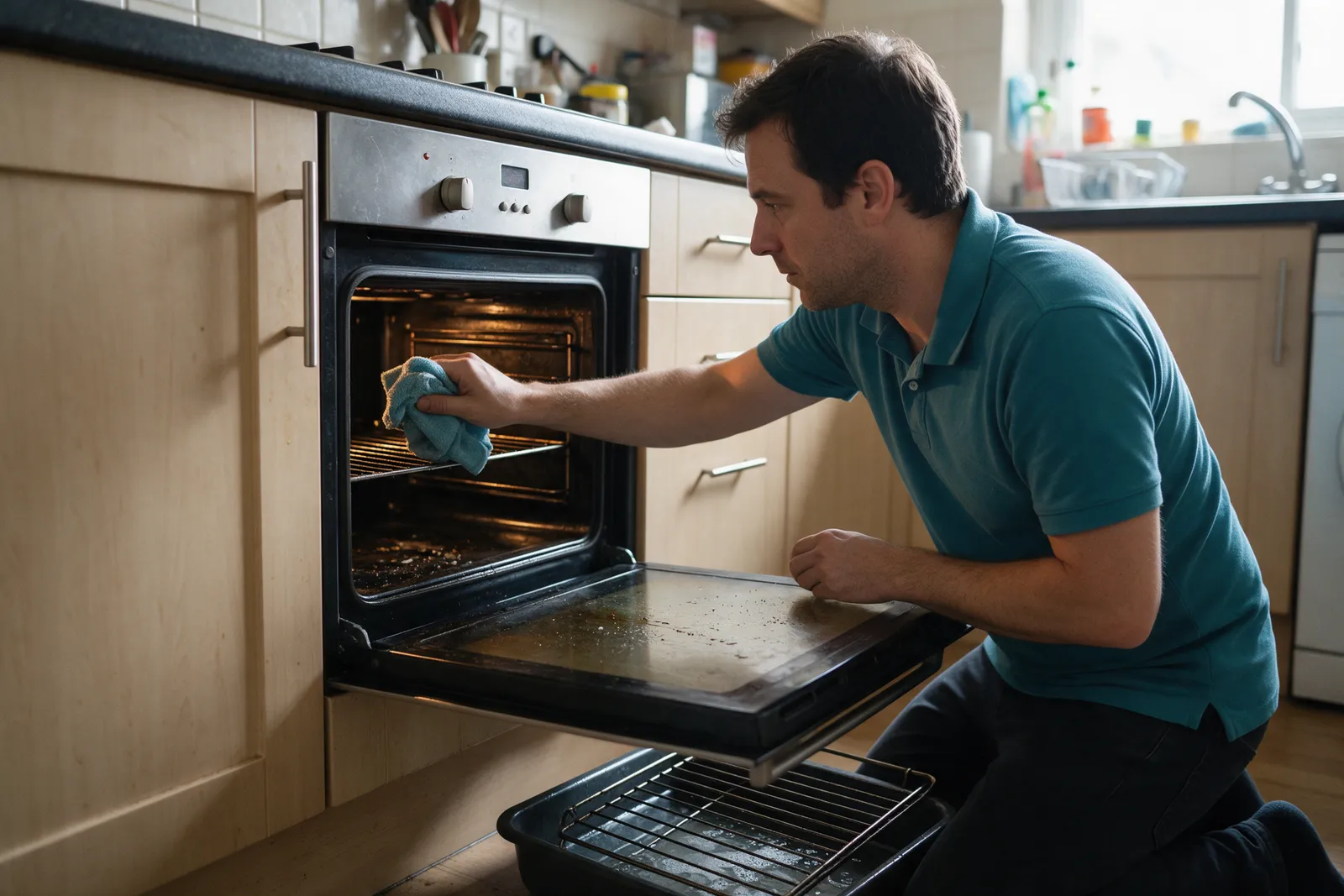 A man in a teal polo shirt cleaning the inside of a built-in oven with the door open and the racks soaking in a tray on the floor