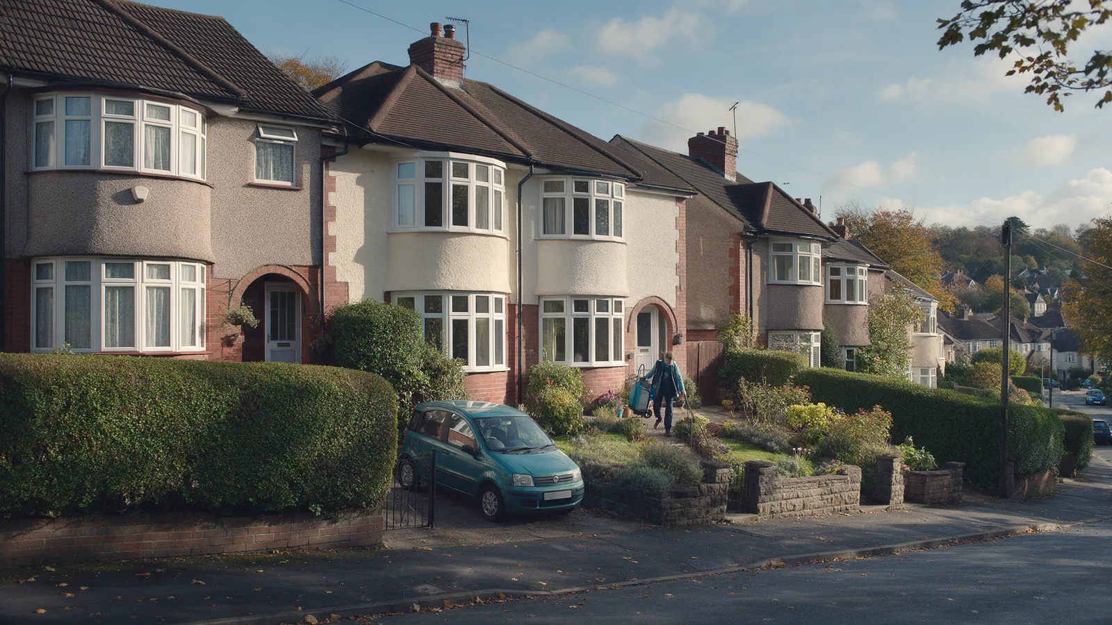 A leafy suburban street of 1930s semi-detached houses with bay windows and hedges in Radyr, a small teal car parked outside one and a cleaner carrying a caddy up the path