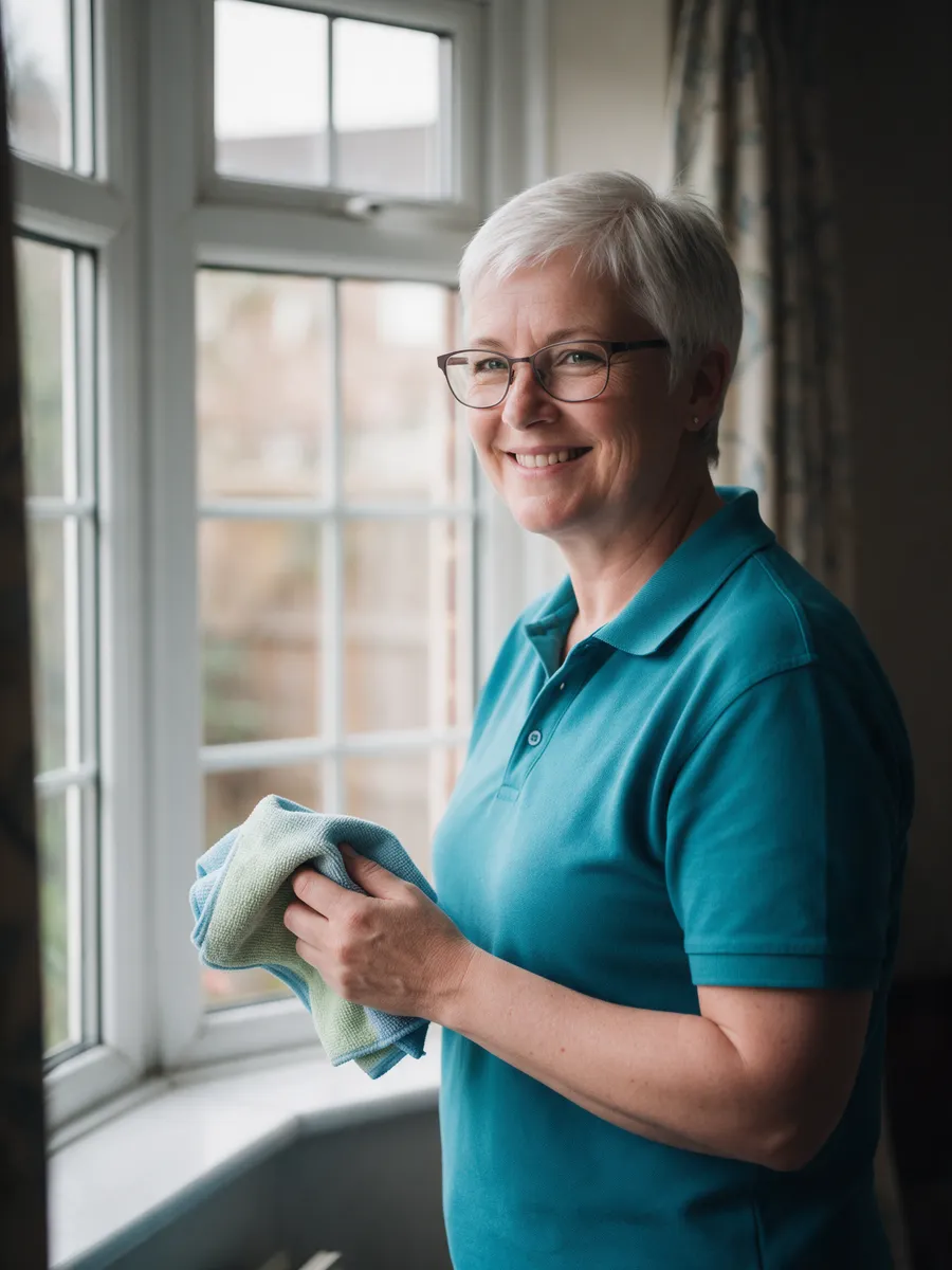 Lynne Davies, a woman in her mid-fifties with short silver hair and glasses in a teal polo shirt, standing by a bay window with a folded cloth