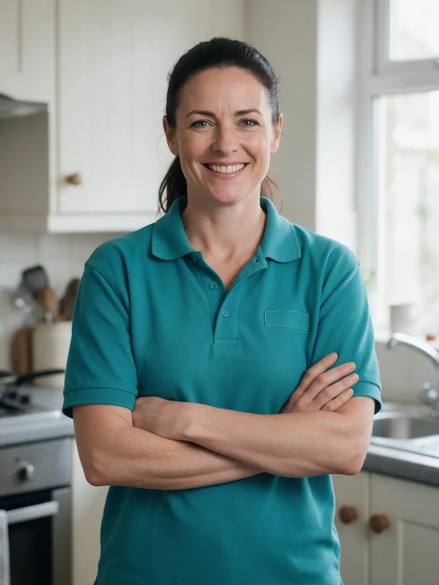 Nia Bevan, a woman in her early forties with dark hair in a ponytail in a teal polo shirt, standing in a bright kitchen with her arms folded