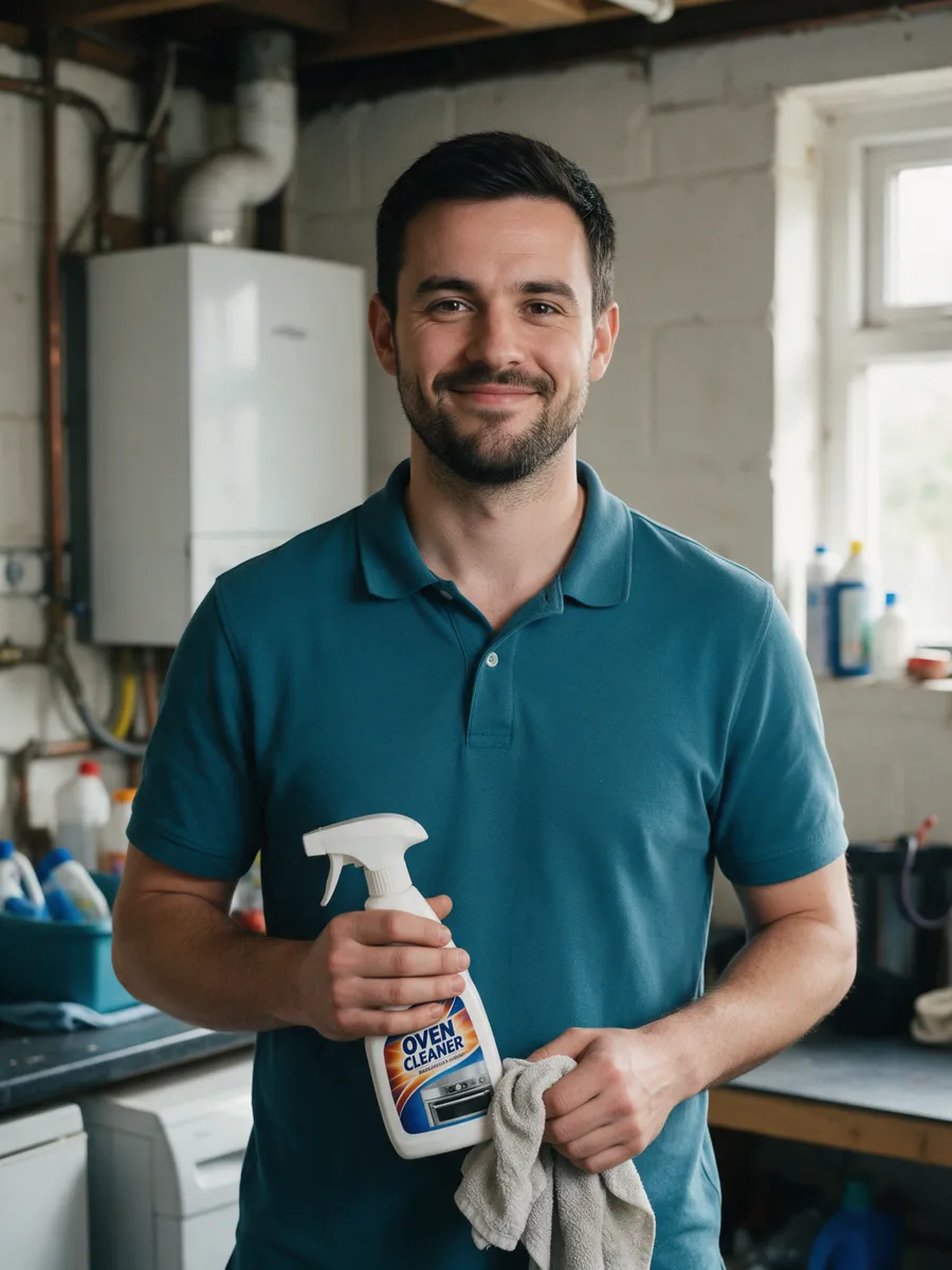 Sam Price, a man in his early thirties with short dark hair and a trimmed beard in a teal polo shirt, holding a bottle of oven cleaner and a cloth in a utility room