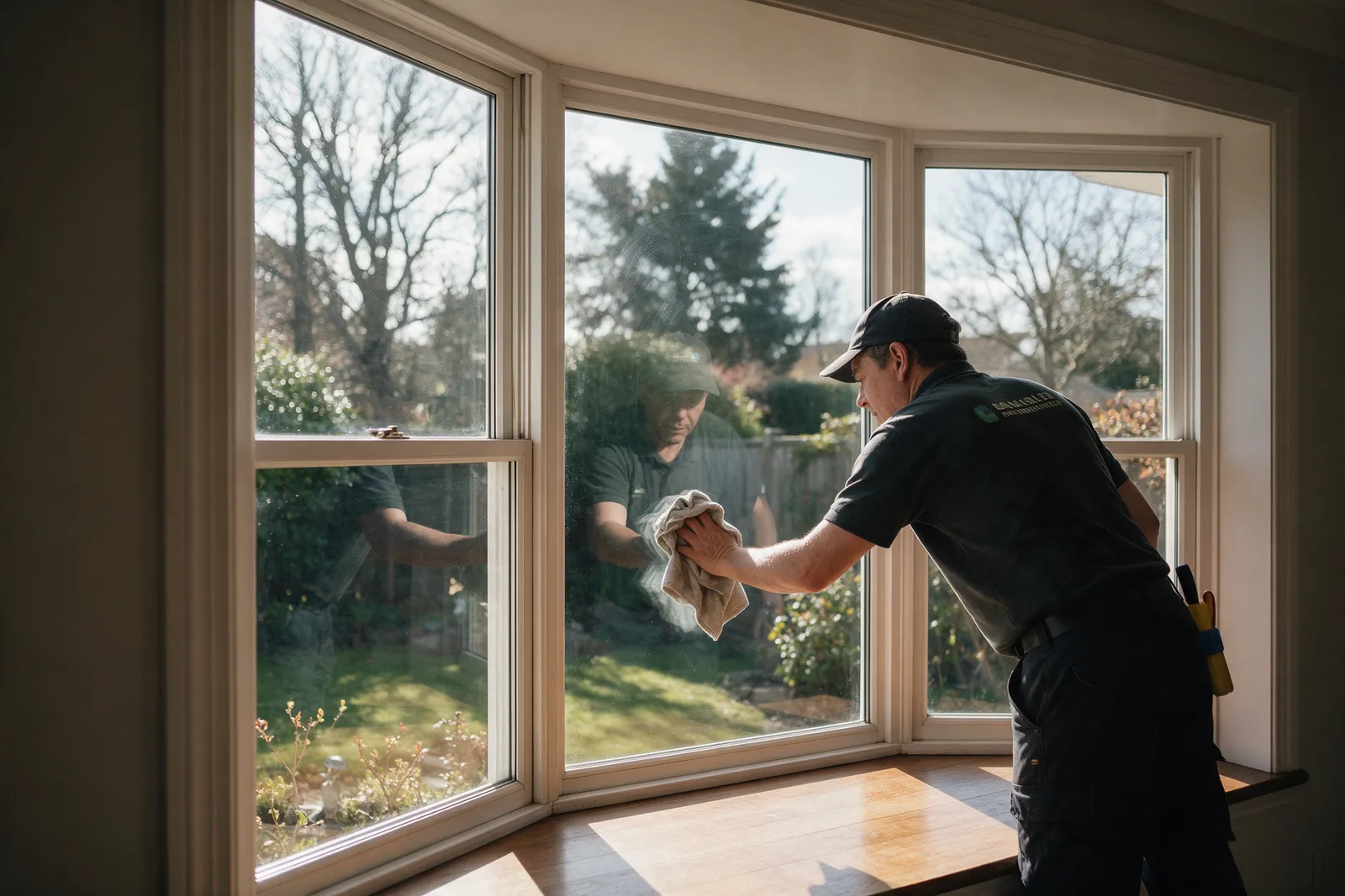 A cleaner polishing the inside of a large bay window with a cloth, sunlight streaming through clean glass onto a wooden floor