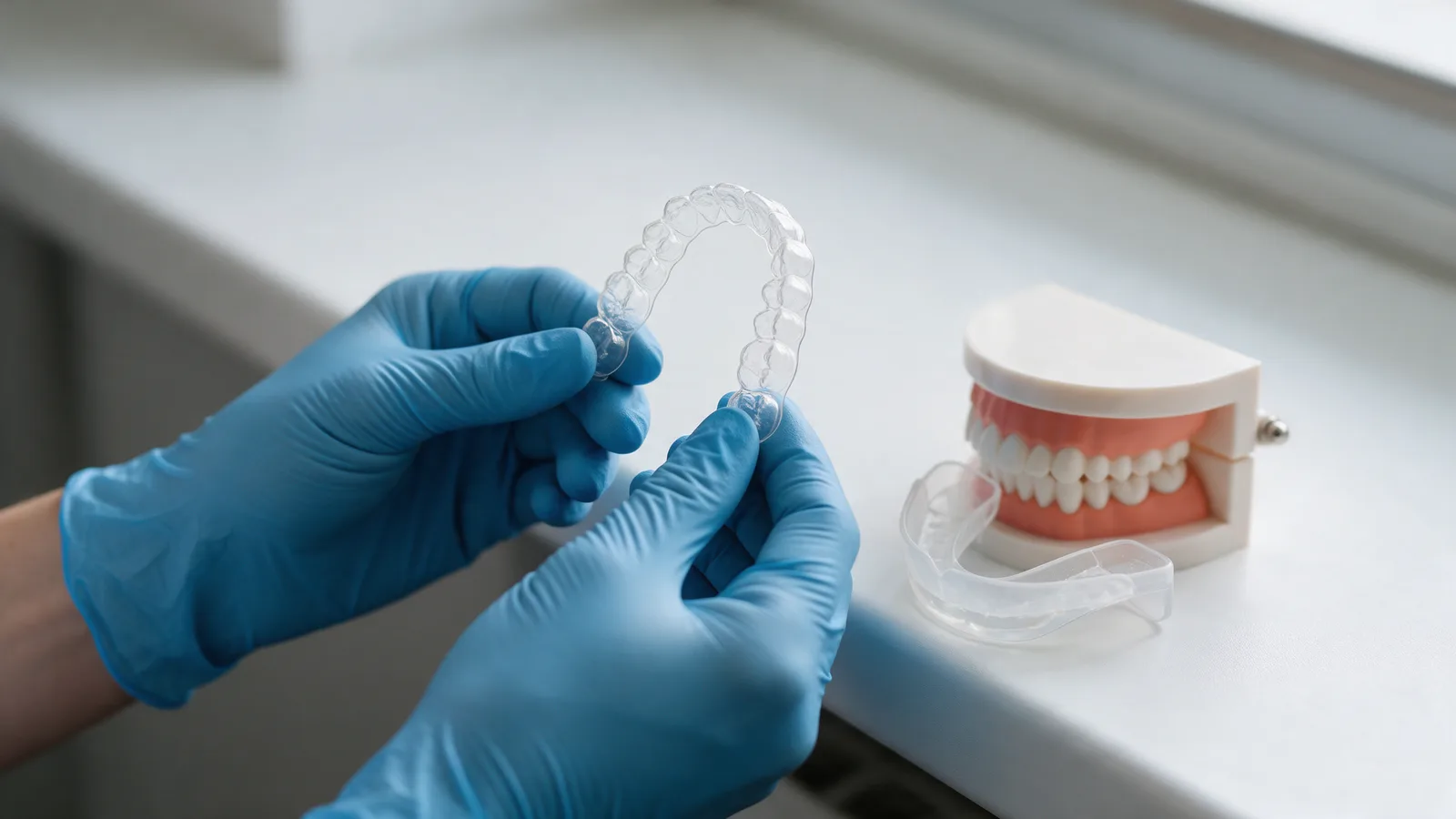 A dentist's gloved hands holding up a clear dental aligner, with a whitening tray and teeth models on a white counter